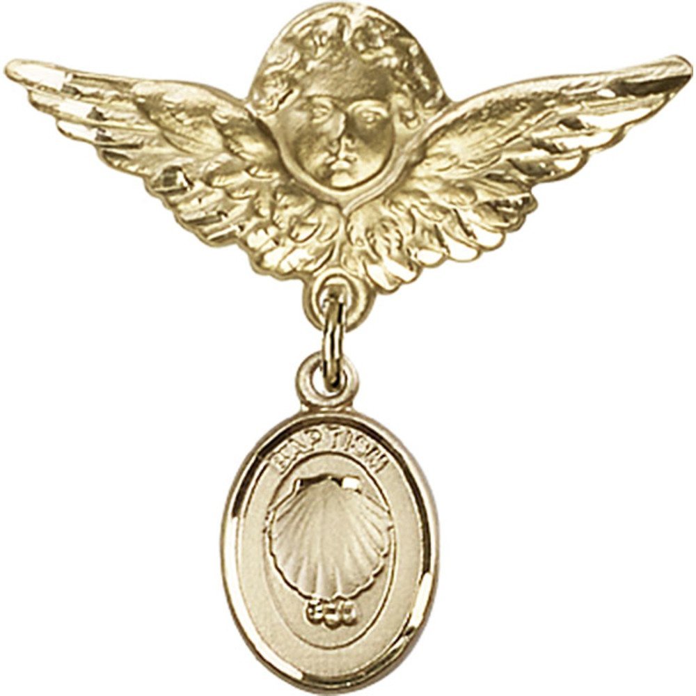 Gold Filled Baby Baptism Badge Pin with Angel Charm - 1 1/8 X 1 1/8 inches - Perfect for Christening, Baby Shower Gifts & Keepsakes