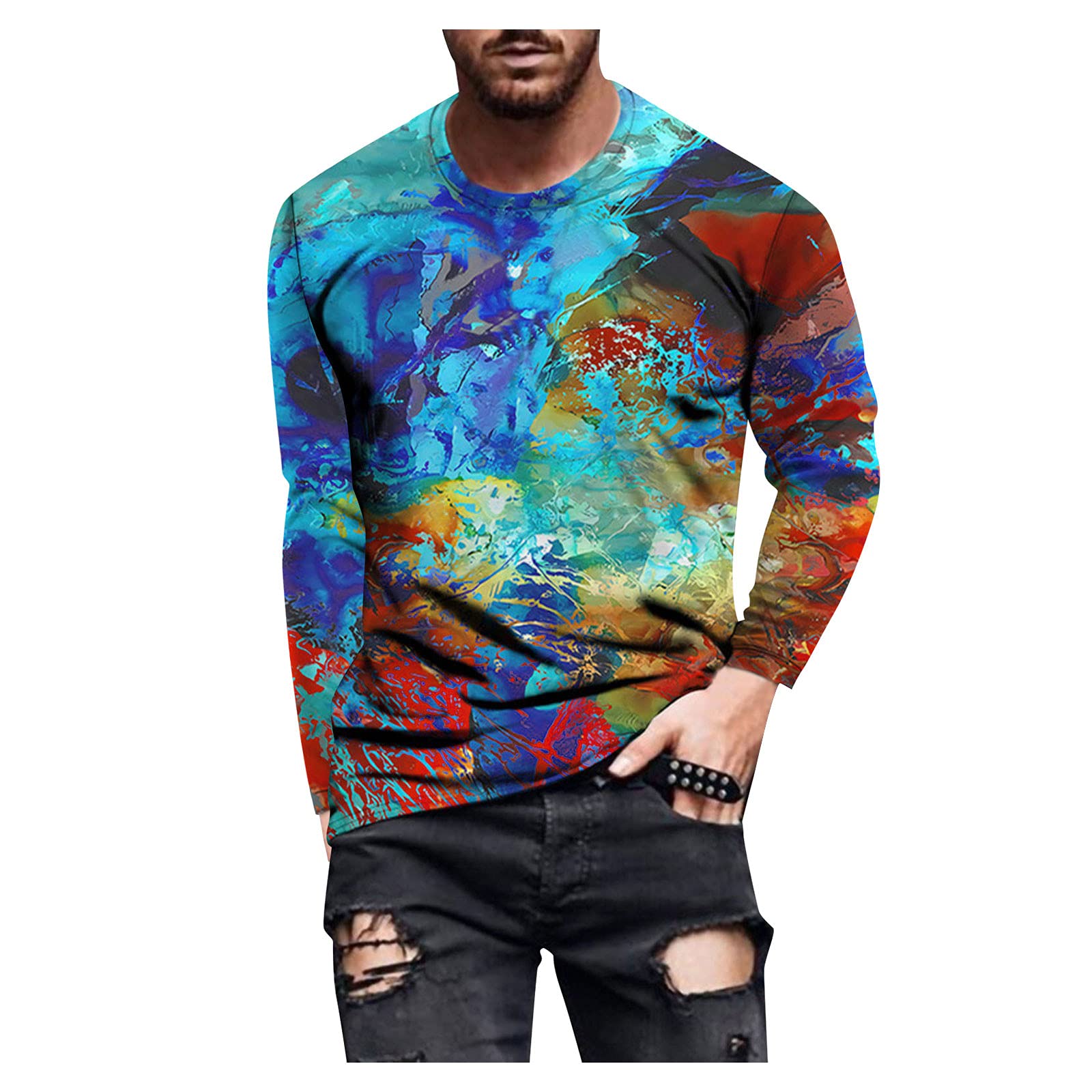 DUEIG Men's Long Sleeve T-Shirt - 3D Digital Printed Retro Fire Design Muscle Workout Athletic Tee for Fall | Gym, Running, Outdoor Activities & Casual Wear