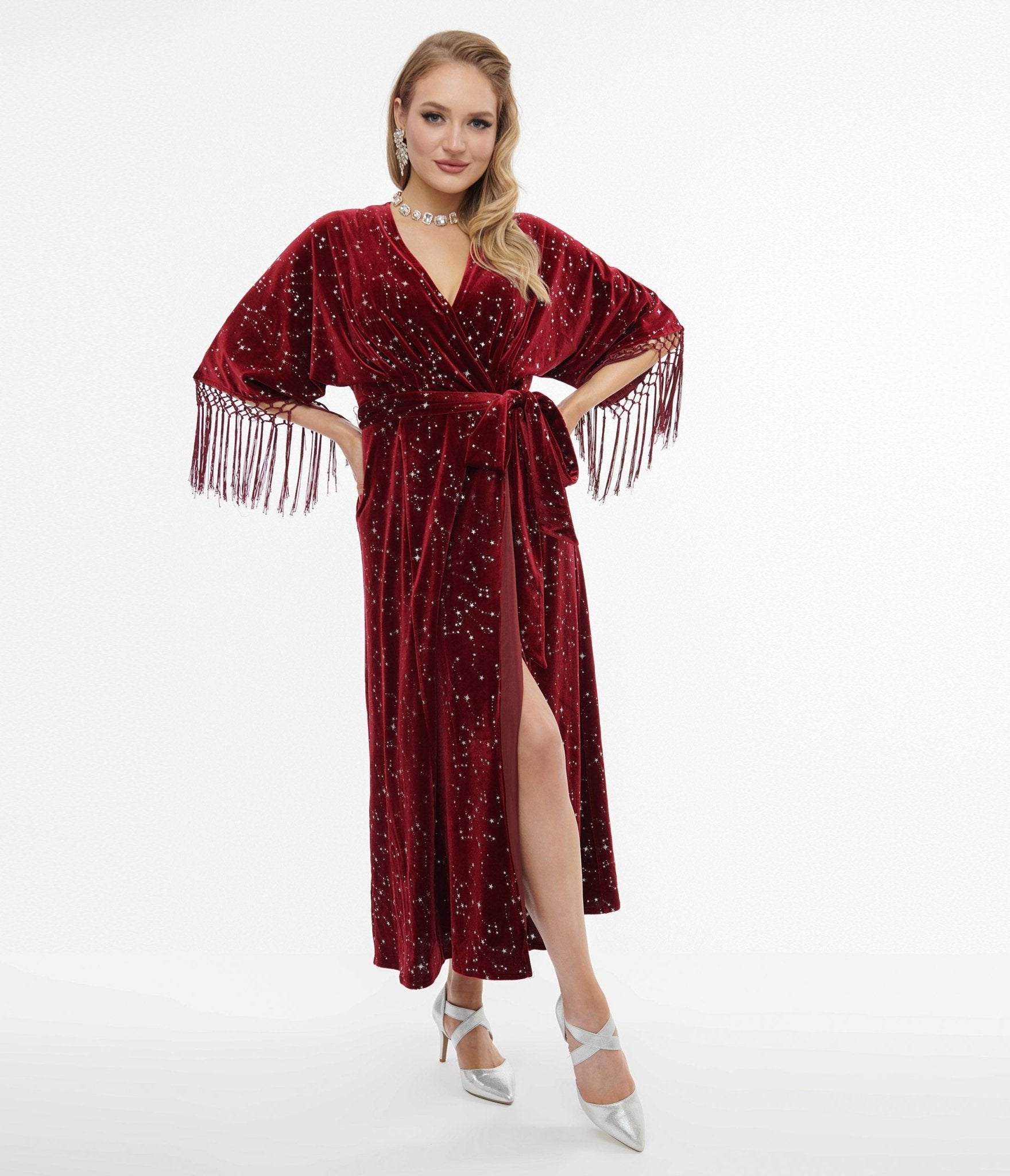 Vintage 1970s Burgundy Velvet Silver Star Wrap Midi Dress - Retro 70s Party Dress for Women, Holiday Outfit, Christmas & New Year Celebration