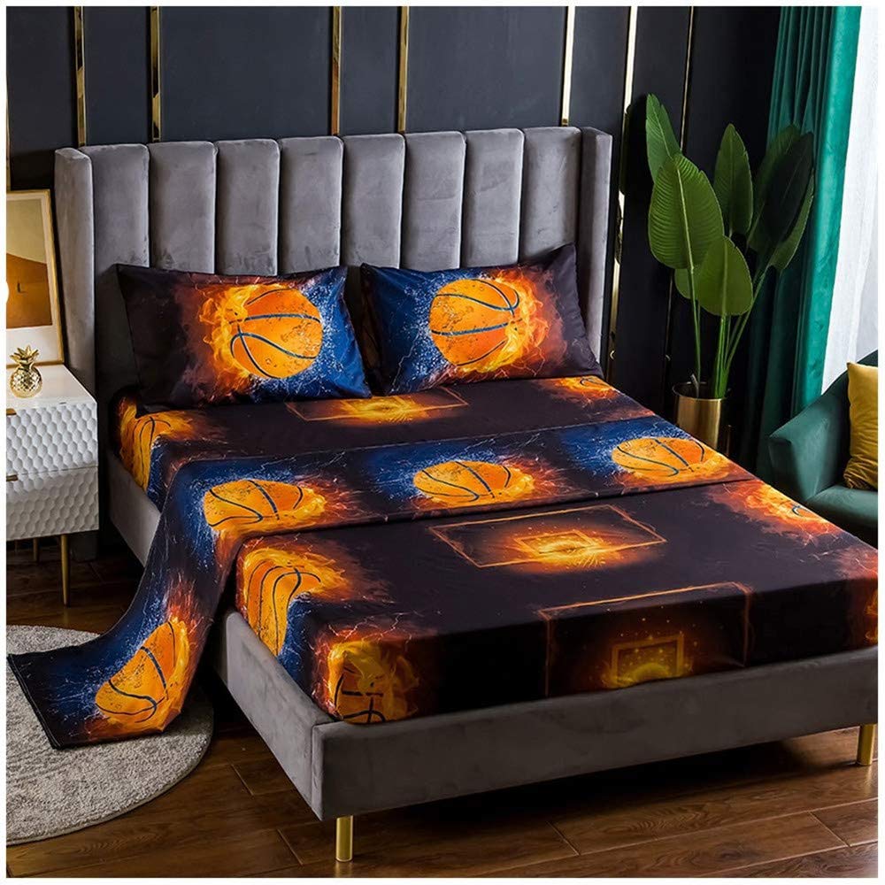 Basketball Themed 3-Piece Bedding Set - Fitted Sheet, Flat Sheet & Pillowcases for Queen Size Beds | Sports Decor for Boys, Girls & Teens | Perfect for Dorm Rooms, Kids' Bedrooms & Sports Fans