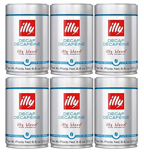 Illy Decaffeinato Decaf Whole Bean Coffee 250g (6 Pack) - Premium Italian Decaffeinated Coffee Beans for Home Brewing & Office Use