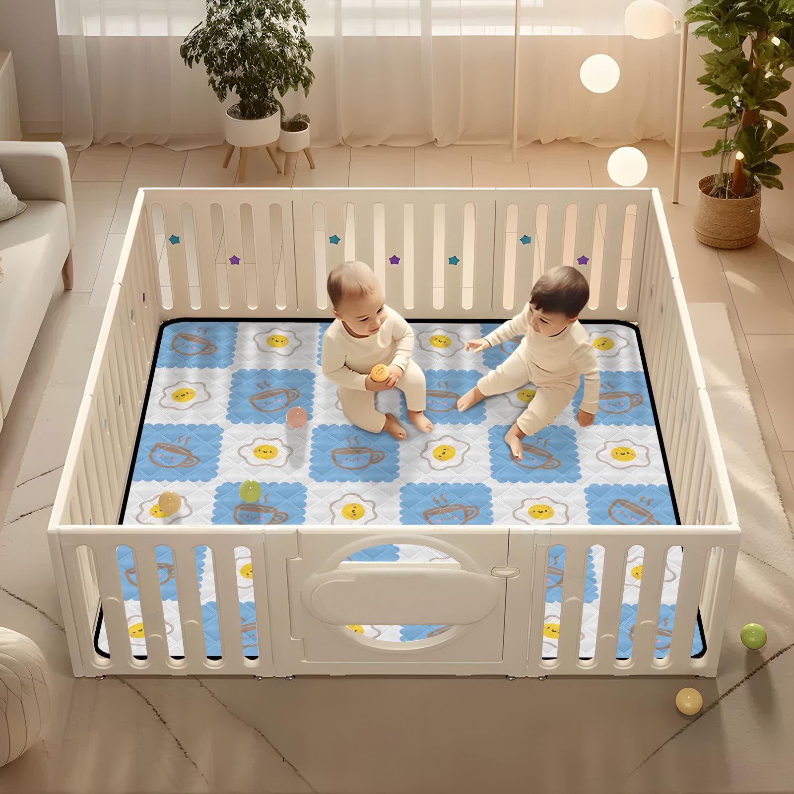 **KICPOAY Baby Play Mat - Non-Slip Cushioned Floor Play Gym for Infants & Toddlers | Blue Coffee Cups & Fried Eggs Design | 50 x 50 Inch Crawling Mat for Safe Playtime at Home or Daycare**
