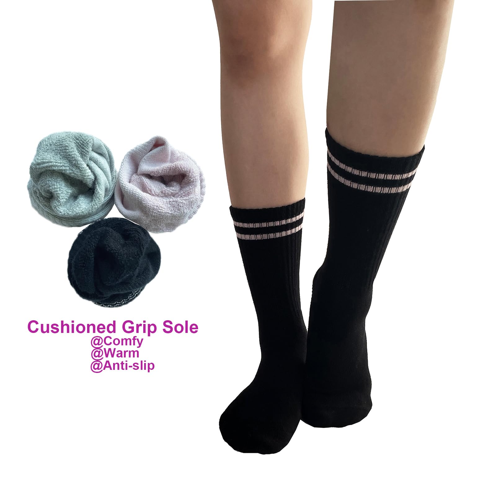 JCZANXI Non-Slip Yoga Socks for Women - Grippy Workout Socks for Yoga, Pilates, Barre & Dance - Cushioned Crew Socks with Toe Grip - Perfect for Home Fitness, Studio Classes & Cold Floors