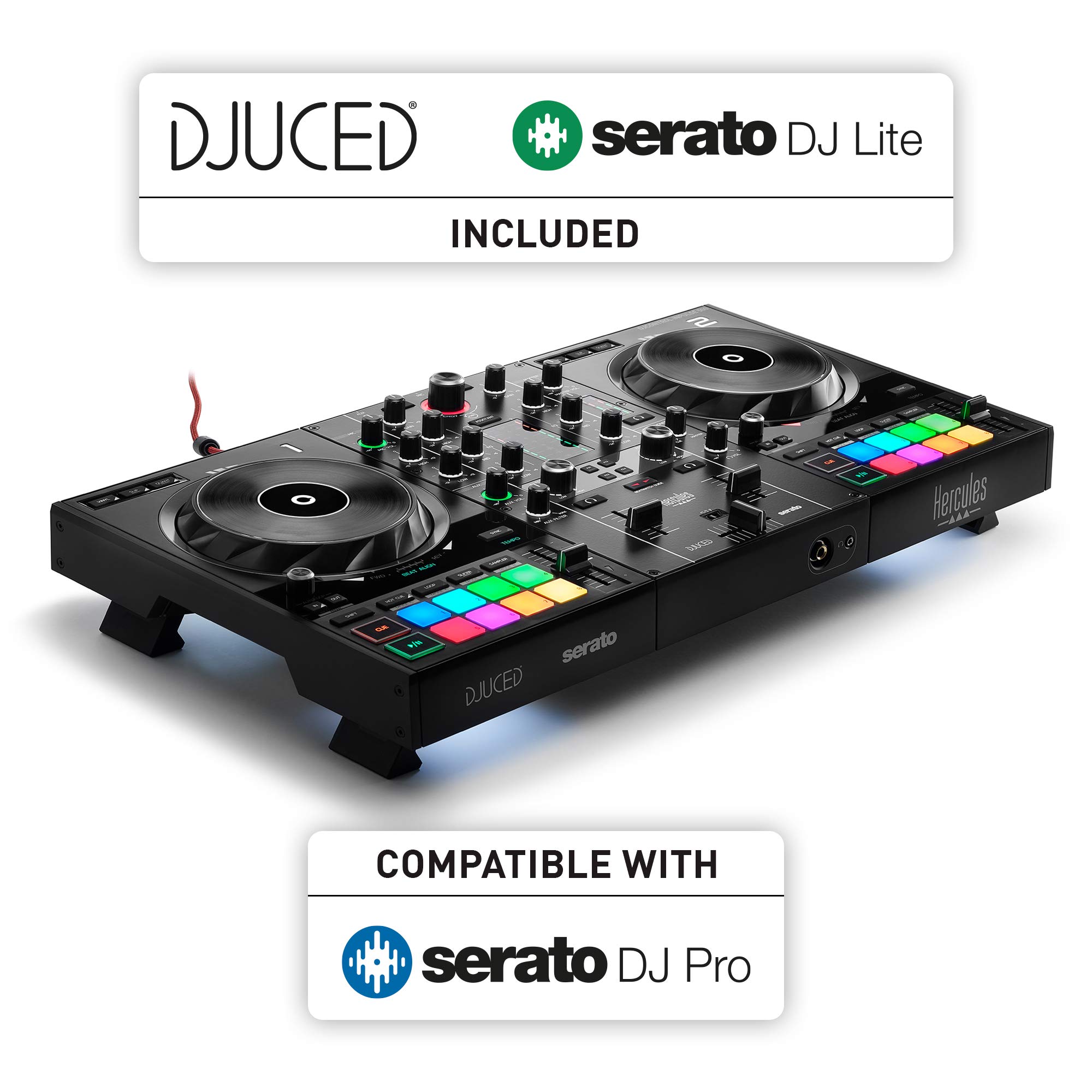 Hercules DJControl Inpulse 500 Professional 2-Deck USB DJ Controller for Serato DJ & DJUCED Software (Included) | Pyle Adjustable Portable Laptop Stand for DJs, Producers & Office Use - Perfect for Live Performances & Home Studios
