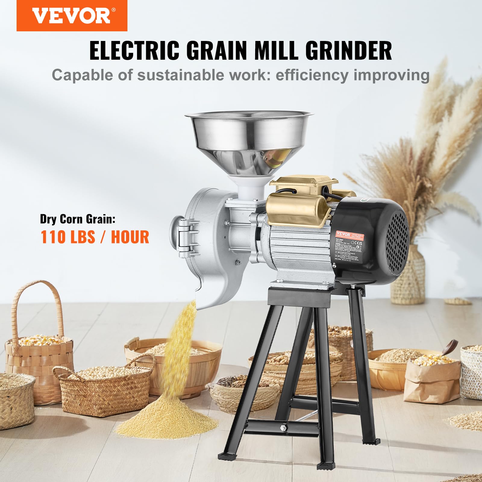 VEVOR 3000W Commercial Electric Grain Mill Grinder - Adjustable Corn Wheat Spice Grinder for Flour, Cereal & Feed - Heavy Duty Dry & Wet Powder Machine with Funnel - Perfect for Bakeries, Restaurants & Home Kitchens