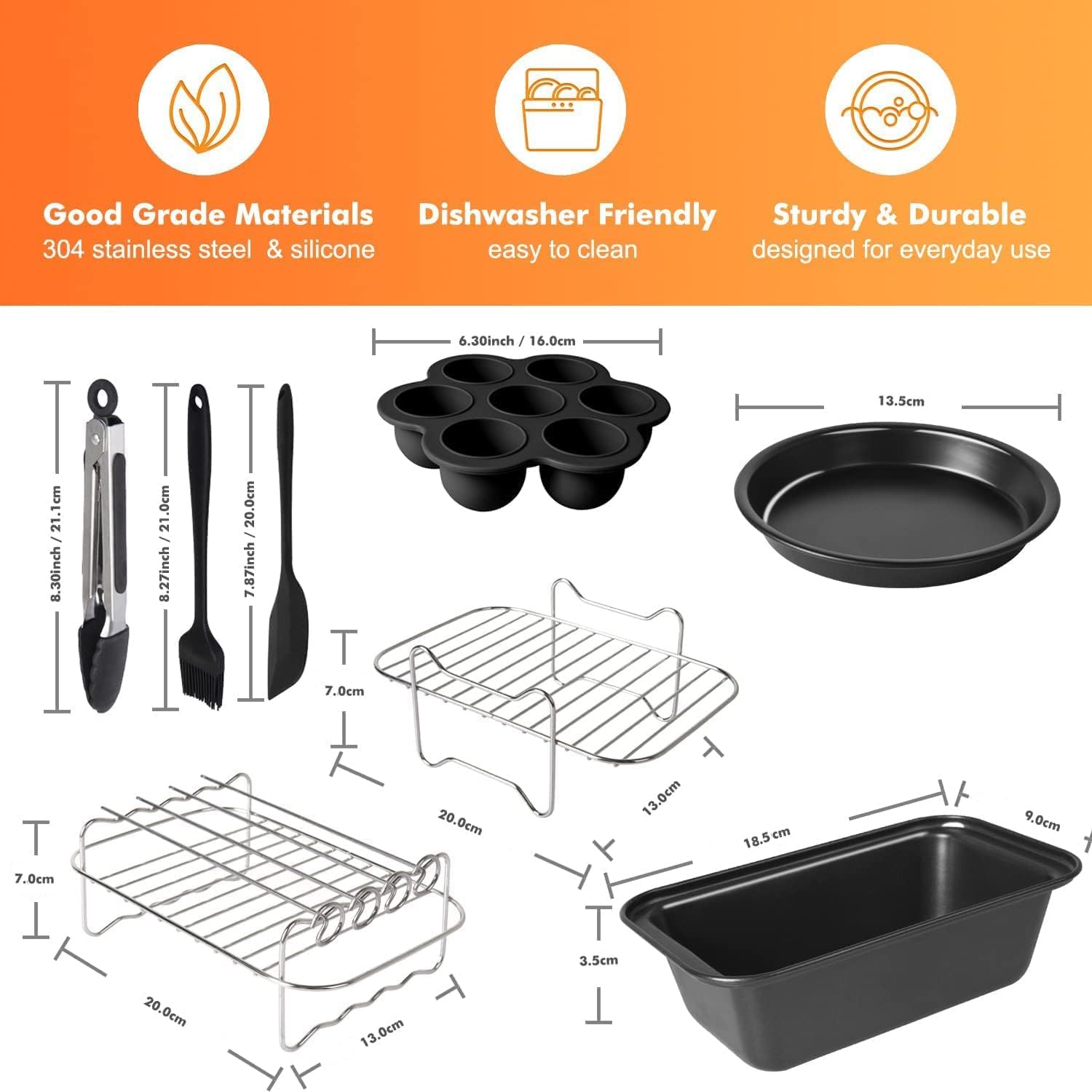 11-Piece Square Air Fryer Accessories Set with Recipe Book - Compatible with Most Air Fryers & Ovens - Perfect for Healthy Cooking, Baking & Frying