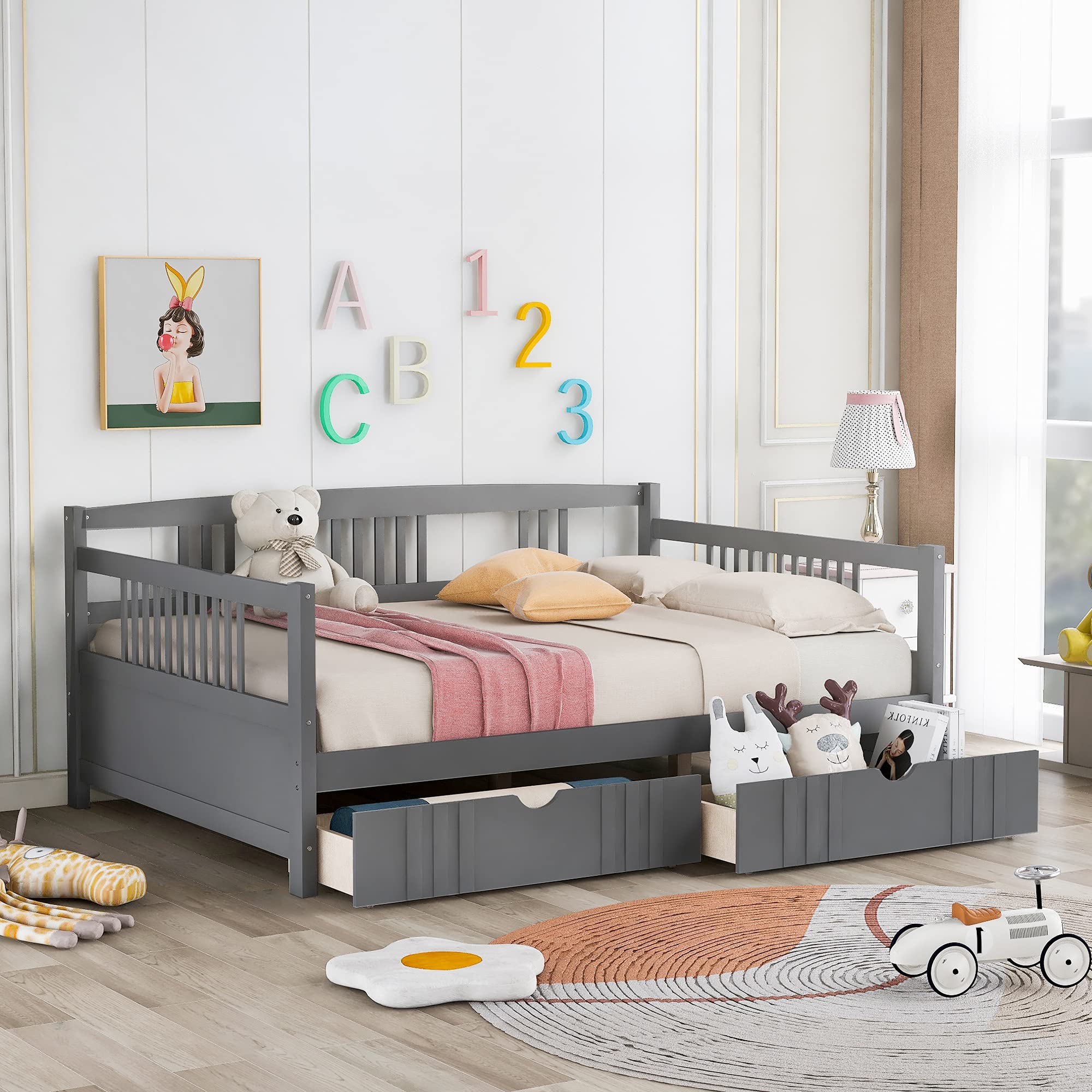 Full Size Daybed with Storage Drawers - Wooden Daybed Frame for Kids, Teens & Adults - No Box Spring Needed - Grey | Perfect for Guest Rooms, Dormitories & Small Spaces