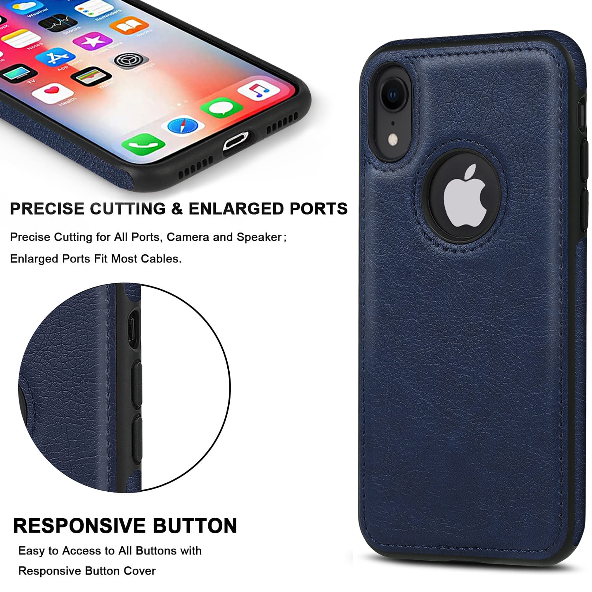 Premium Vegan Leather iPhone XR Case - Slim & Elegant Vintage Style Phone Cover for 6.1 Inch iPhone XR (Blue) | Perfect for Business, Travel & Everyday Protection