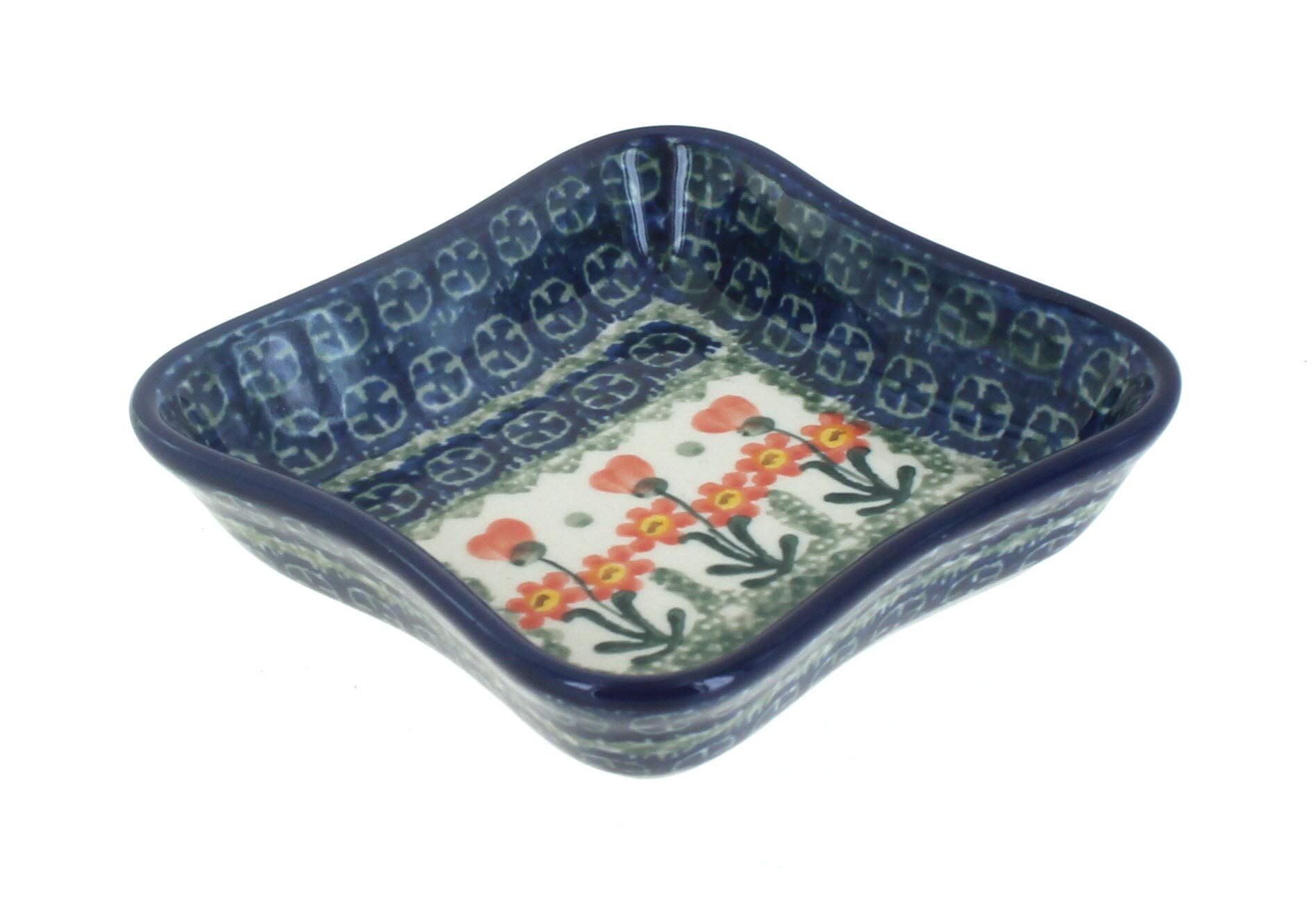 Handmade Blue Rose Polish Pottery Peach Posy Small Square Dish - Perfect for Serving Appetizers, Desserts & Home Decor