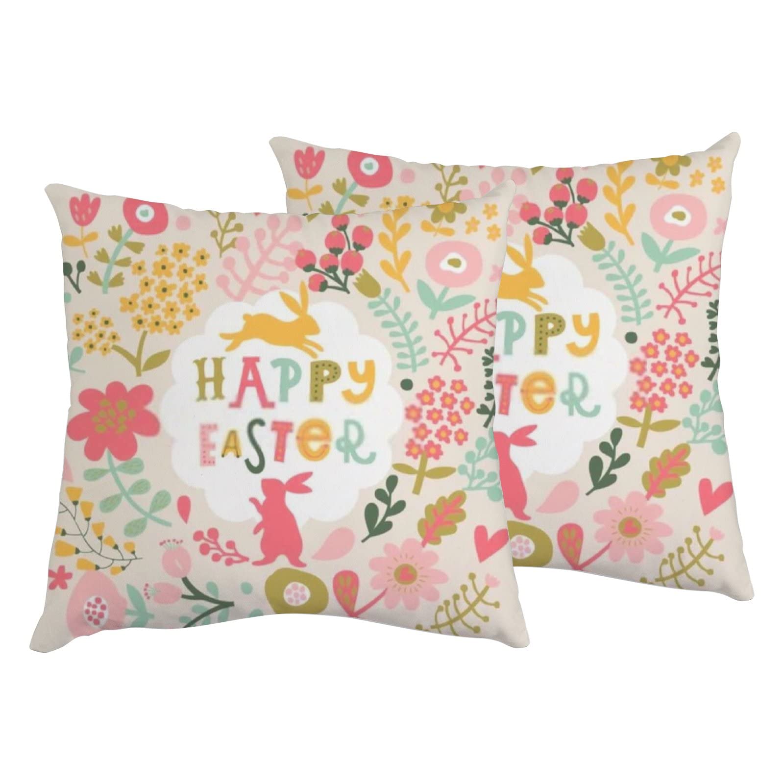 Happy Easter Rabbits & Flowers Throw Pillow Covers 2 Pack - 20x20 Inch Pink Zippered Cushion Cases for Sofa, Couch & Bedroom Decor - Spring Home Decoration & Seasonal Gift Idea