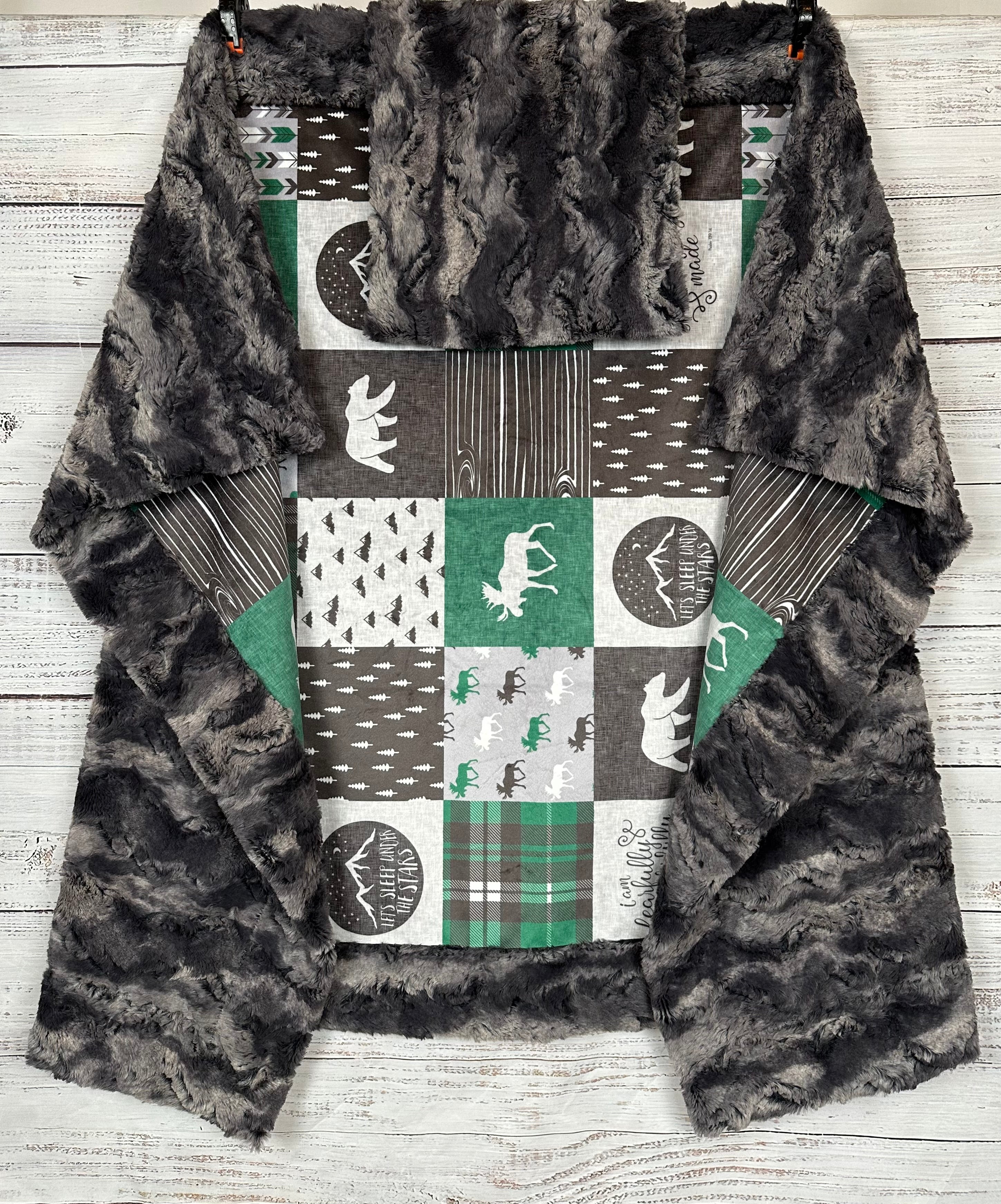 Green and Gray Patchwork Minky Blanket - 40x61 Inches Child Size with Pillowcase | Soft & Cozy for Bedtime, Nursery, Stargazing | Nine Iron Luxe Collection