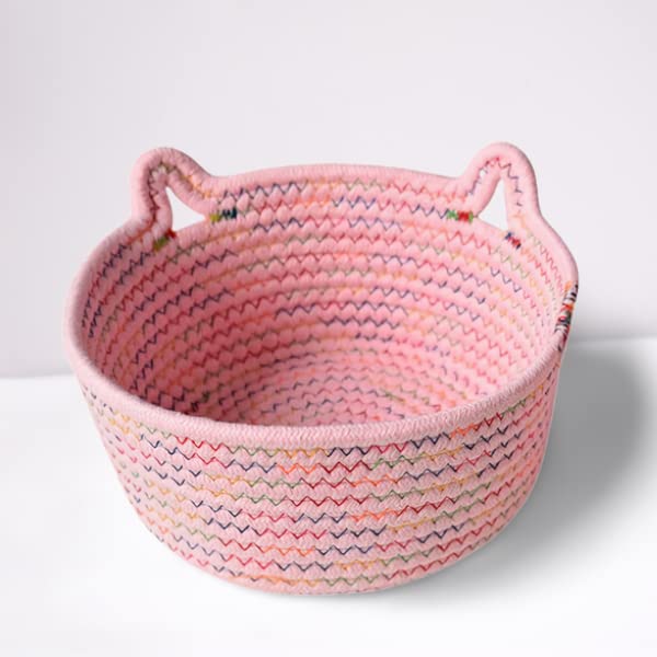 Avanroolux Small Cotton Rope Basket with Cat Ears - Cute Storage Bin for Socks, Pet Toys & Desk Organization - Pink Round Handled Basket for Dogs, Cats & Home Decor - Perfect for Nursery, Bathroom & Closet Storage