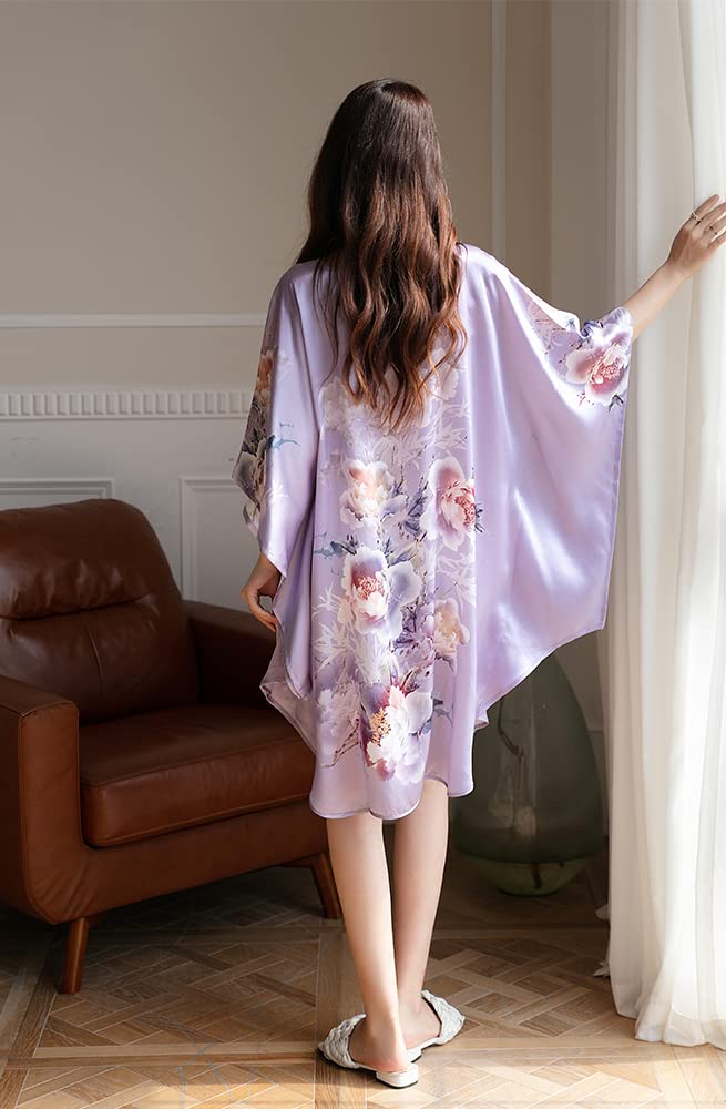 Luxury 100% Silk Pajamas for Women | Floral Print Silk Kimono Robe & Bathrobe with Doll Sleeves - Perfect for Spa Days, Bridal Showers & Relaxing at Home
