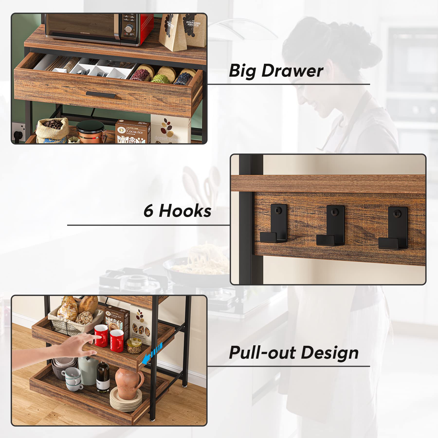 Tribesigns 5-Tier Kitchen Bakers Rack with Power Outlets & Drawer - Freestanding Microwave Stand with Sliding Shelves, Coffee Bar & 6 Hooks - Rustic Brown Kitchen Storage Shelf for Small Spaces, Apartments & Home Organization