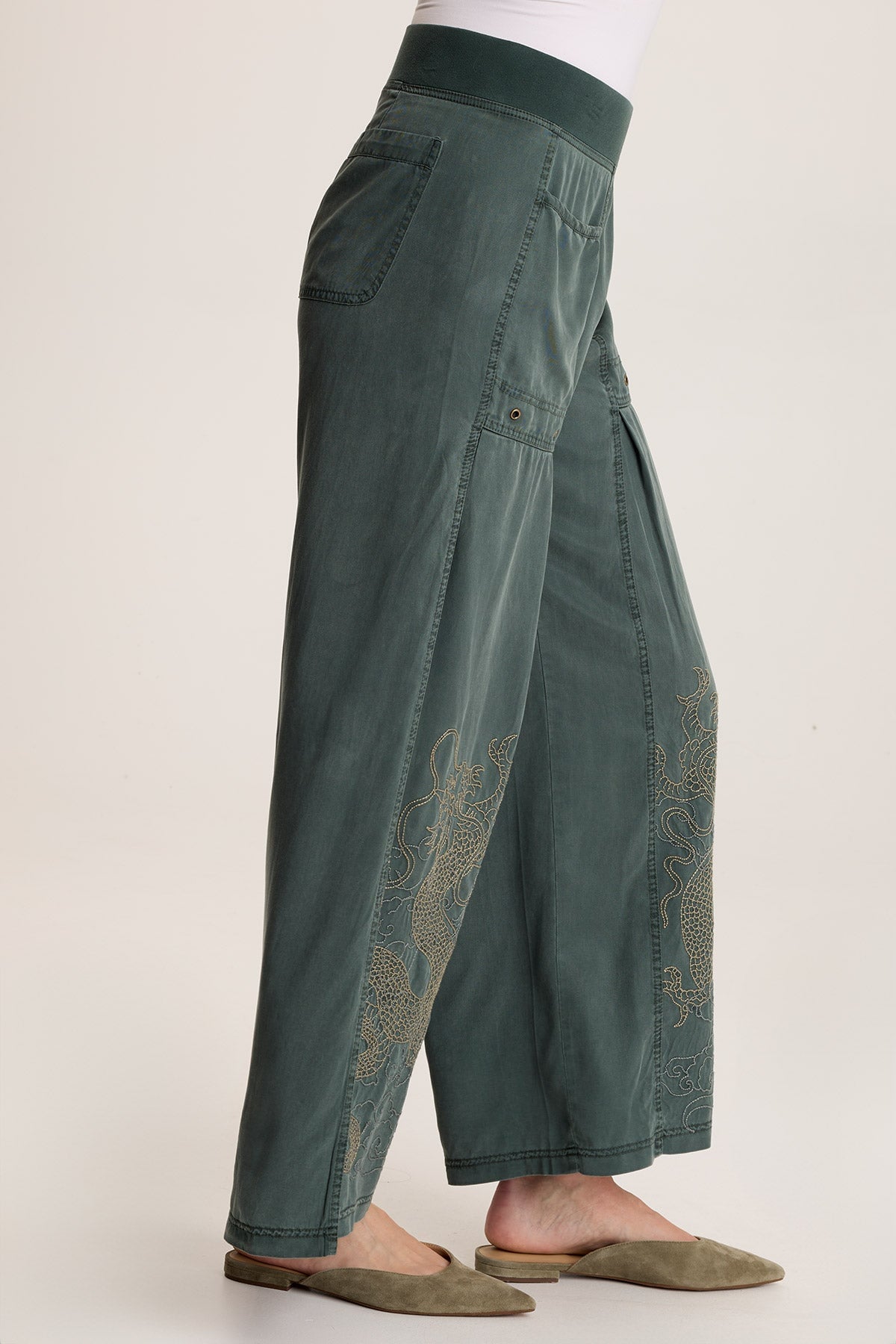 Phedora Women's High Waisted Twill Embroidered Wide Leg Pants - Comfortable Casual Lounge Pants for Work, Travel & Everyday Wear