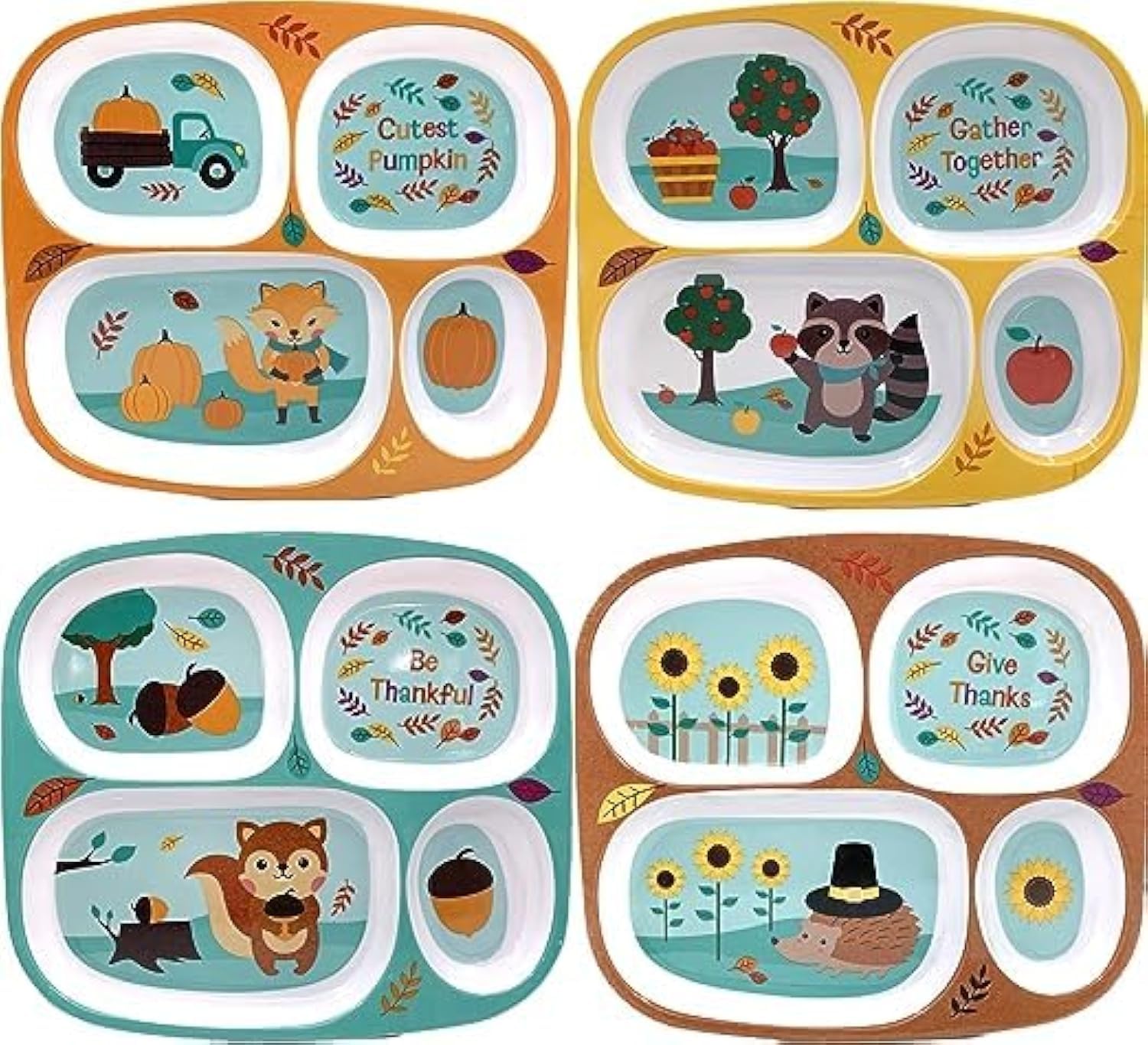 Melamine Kids Plates Set of 4 - Thanksgiving Fall Harvest Designs with 4 Cute Patterns, Durable Unbreakable Dishware for Children - Perfect for Thanksgiving Dinner, Fall Parties, and Everyday Family Meals