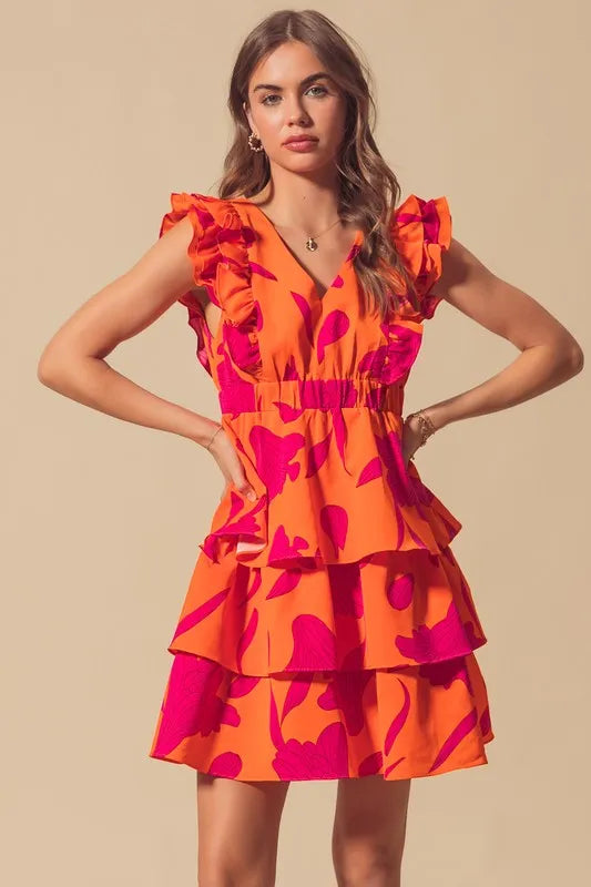 Stylish Orange Layered Resort Dress with Elastic Waist - Perfect for Beach Vacations, Summer Parties & Tropical Getaways