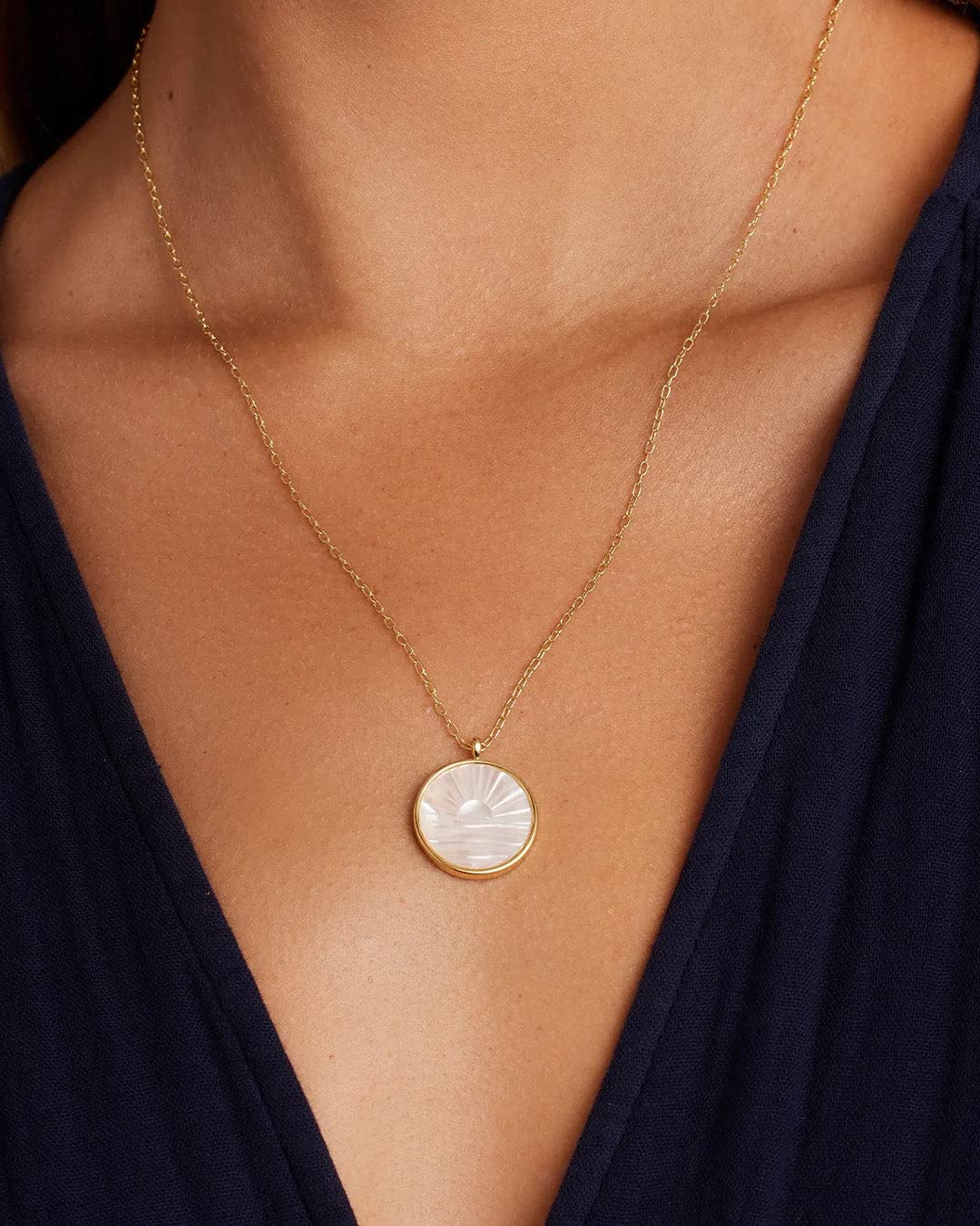 gorjana Sunset Etched Necklace 18k Gold-Plated with Mother of Pearl Pendant | Adjustable Chain 19