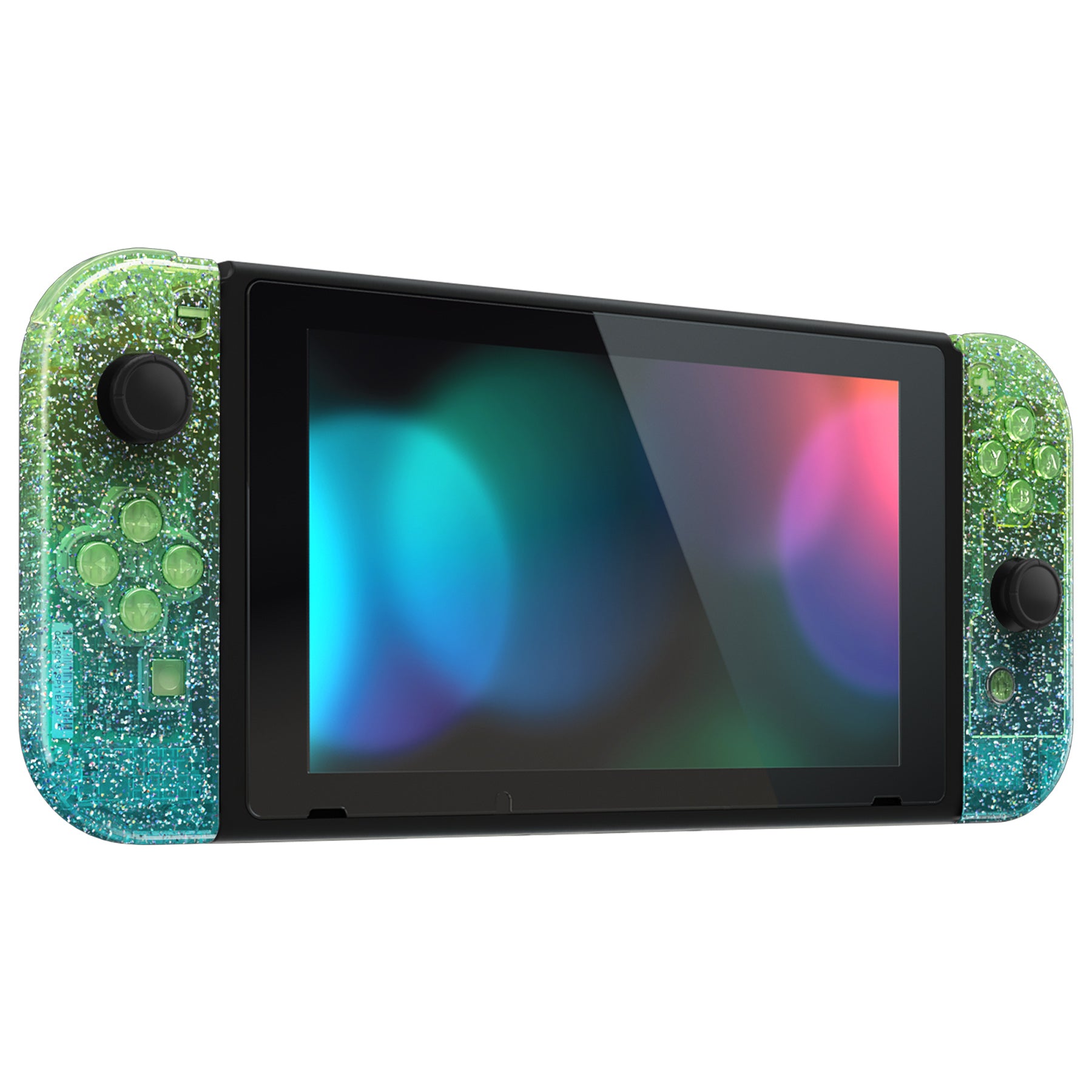 eXtremeRate Glitter Gradient Translucent Green Blue Back Plate Replacement Shell for Nintendo Switch & Joycon Controllers - Full Set Buttons Included - DIY Gaming Accessory for Enhanced Aesthetics & Comfort