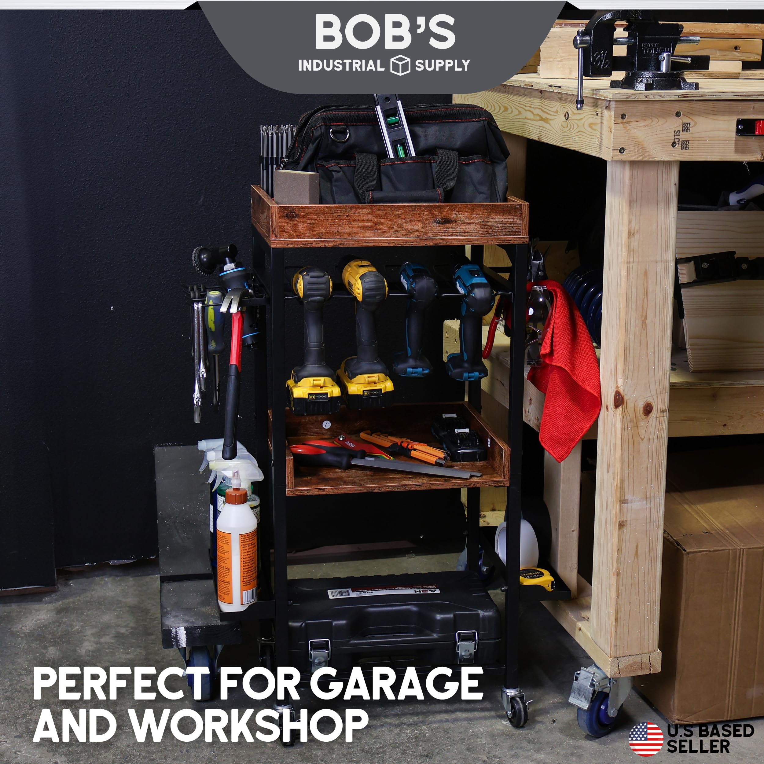 4-Tier Rolling Tool Cart with Drill Storage - Heavy Duty Garage Organizer for Power Tools & Accessories - Perfect for Workshop, Construction Site & DIY Projects