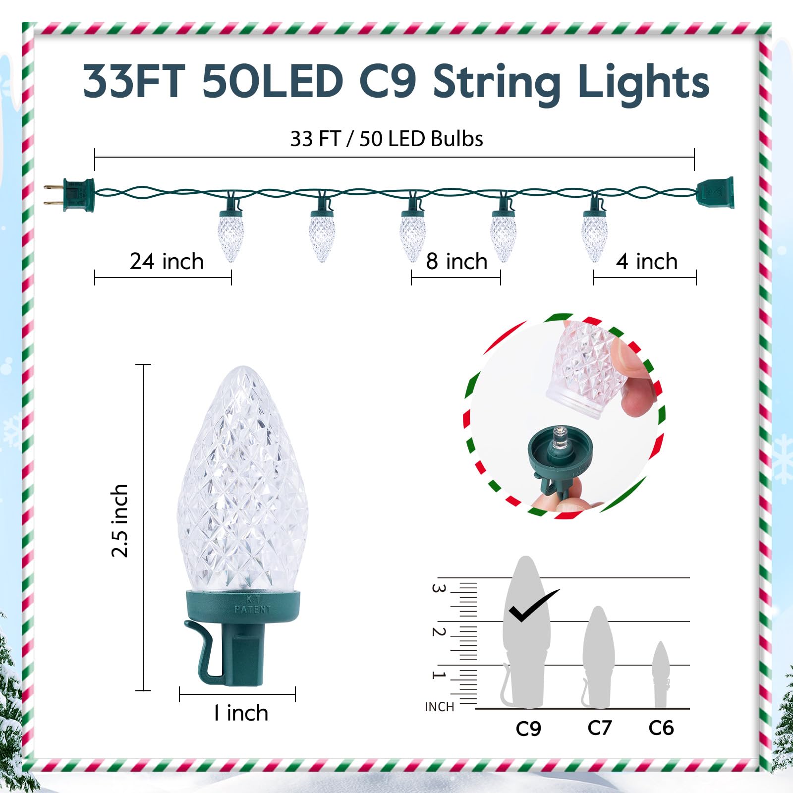 Brightown 33ft 50 LED Waterproof Strawberry Christmas String Lights - C9 Plug-in Extendable Green Wire for Outdoor Indoor Patio Party Decorations (White) - Perfect for Holiday, Wedding, Garden & Home Decoration