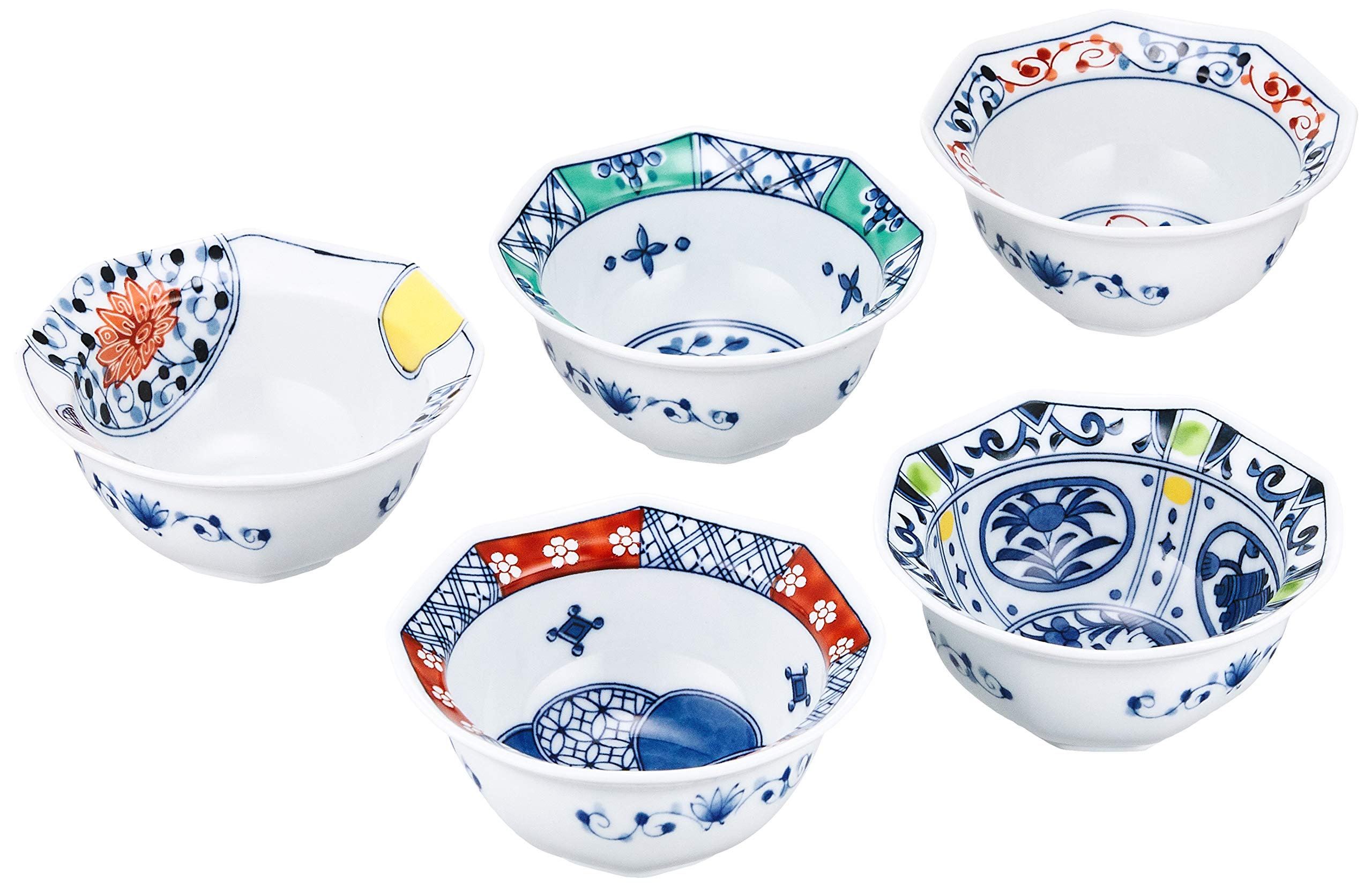 Saikai Pottery Hasami Ware Octagonal Small Bowl Set - 19544 Picture Change Assortment with Presentation Box, Nishiki Design, White - Perfect for Japanese Tea Ceremony, Gift Giving & Home Decor