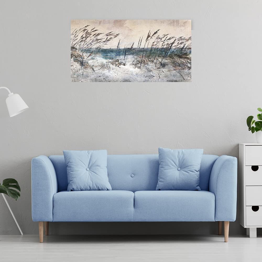 Morning Sea Grass Light Canvas Wall Art - Hand Painted Fine Art Decor for Living Room, Bedroom, Office - 40x21 Inch Ready to Hang Painting - Coastal & Nature Inspired Home Décor for Bathroom, Kitchen, Bar & Guest Room