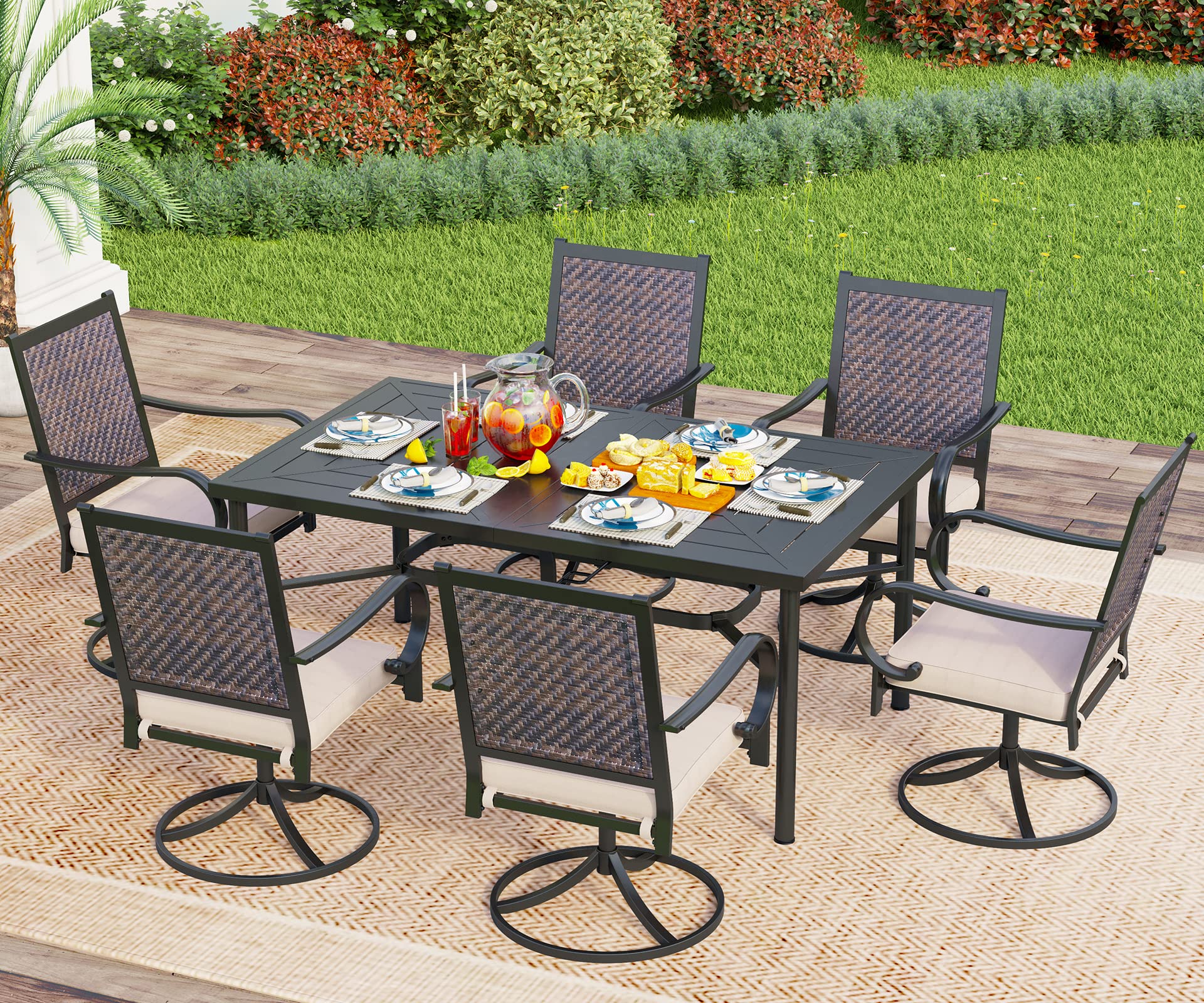 PHI VILLA 7-Piece Outdoor Patio Dining Set - Rattan Wicker Swivel Chairs with Cushions & Metal Table with 1.77