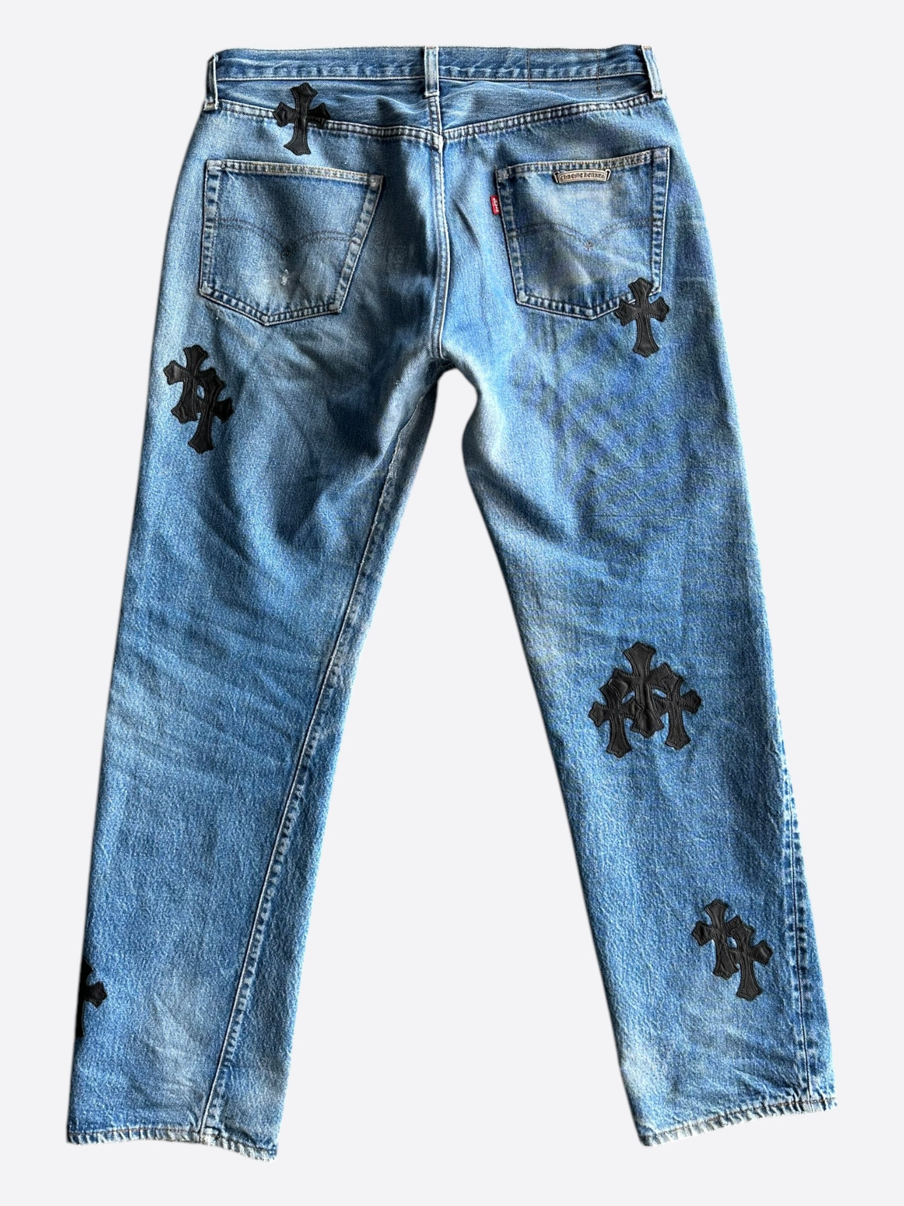 Chrome Hearts x Levi's Blue & Black Cross Patch Denim Jeans for Men & Women - Stylish Vintage Distressed Skinny Jeans for Casual Wear & Night Out