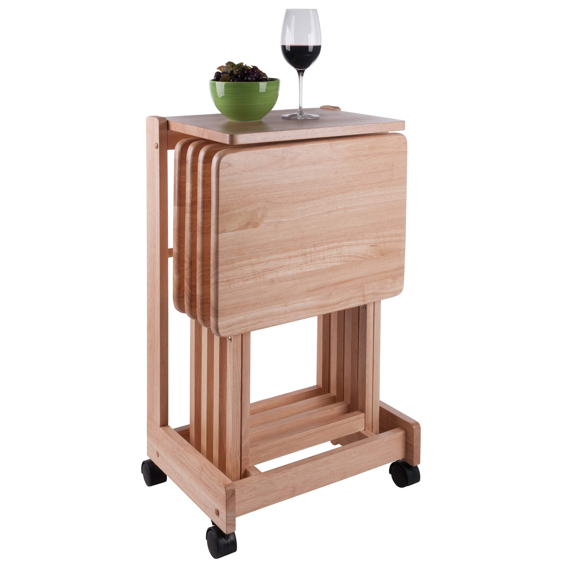 Winsome Brienda 32-Inch Natural Wood Snack Table Set with Mobile Serving Cart - 4-Piece Living Room & Patio Coffee Table Set for Entertaining, Snacks, and Drinks