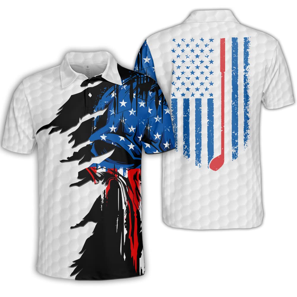 Polomore Men's Patriotic Skull American Flag Golf Polo Shirt - Short Sleeve Performance Golf Shirt for Men - Perfect for Golf Tournaments, Casual Wear & 4th of July Celebrations