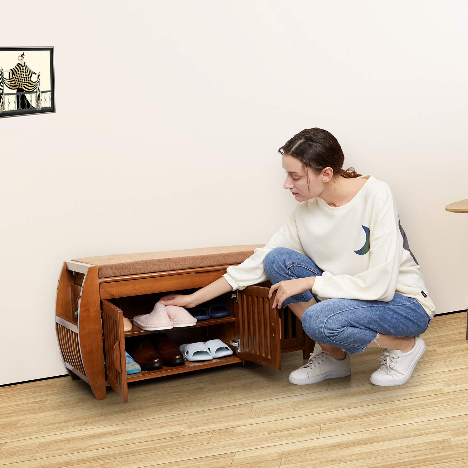 Stylish Bamboo Shoe Storage Bench with Detachable Cushion & Hidden Compartment - Entryway Organizer, Shoe Rack Cabinet for Hallway & Bedroom - Perfect for Small Spaces, Mudroom & Closet Organization