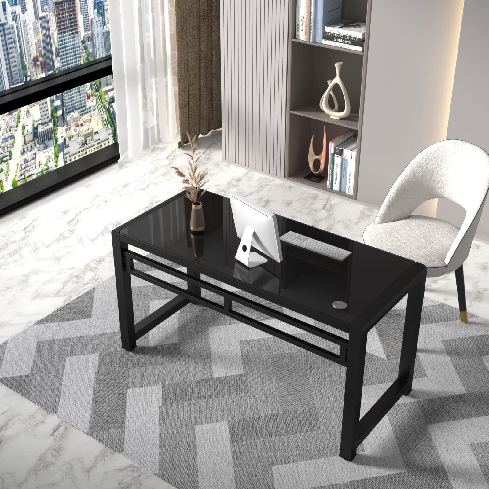 Professional MASAKA Black & White Writing Desk with Tempered Glass Top - 47.25 Inch Modern Study Computer Desk for Home Office, Stable Workstation with Black Metal Frame | Perfect for Remote Work, Online Classes & Creative Workspaces