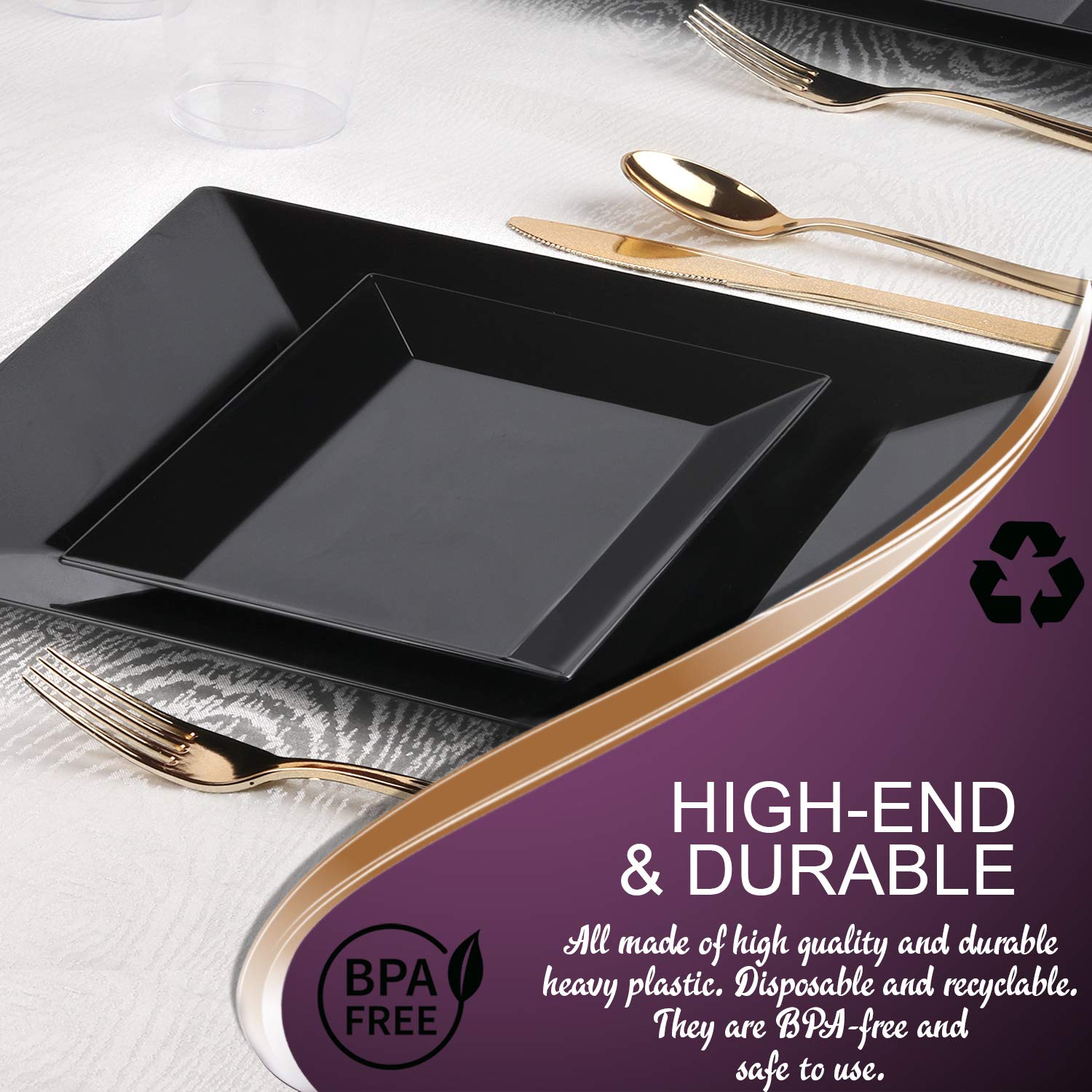 Elegant Disposable Plastic Dessert Plates 120 Pcs - Rectangle Black Salad Appetizer Plates Bulk for Wedding, Birthday Party & Special Events | Perfect for Catering, Buffets & Home Entertaining
