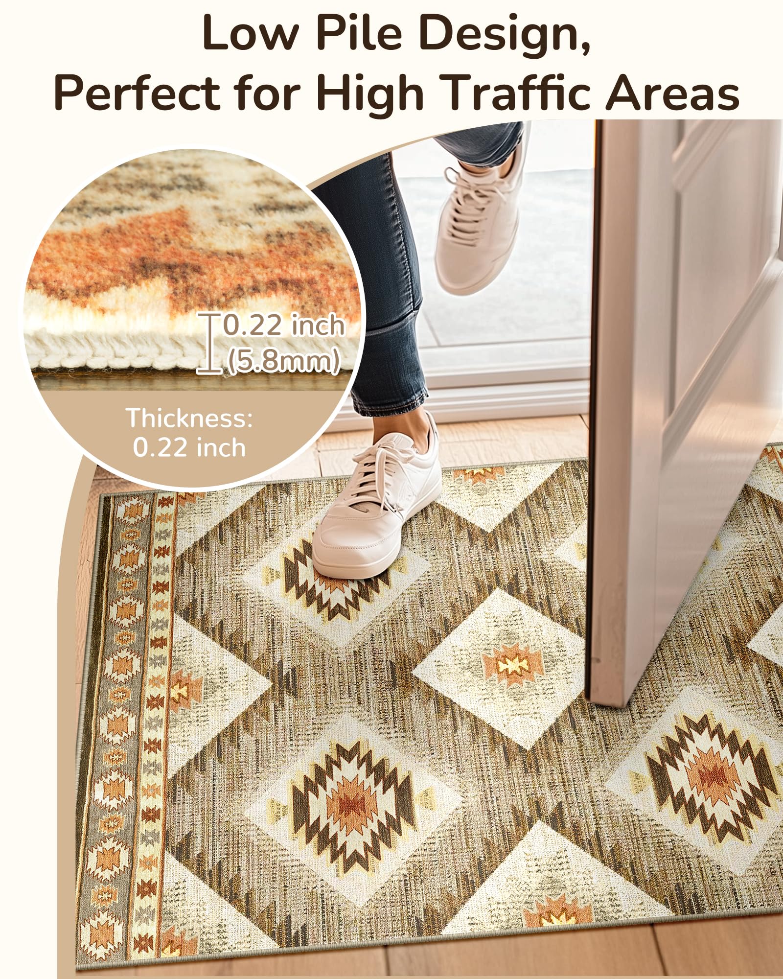 BESTSWEETIE 8x10 Machine Washable Non-Slip Low Pile Area Rug - Western & Aztec Print Pattern for Living Room, Bedroom, Entryway - Cream/Camel - Perfect for Home Decor, Dorm, Office & High Traffic Areas