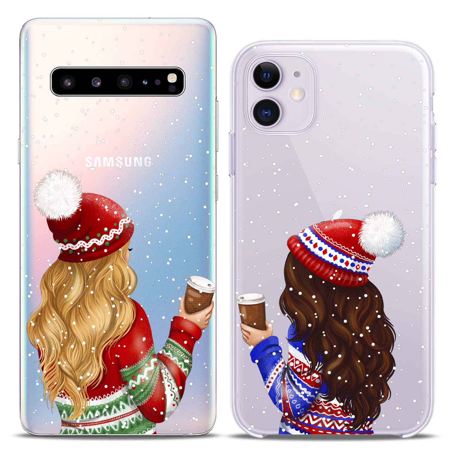 Matching Couple Phone Cases Compatible with iPhone 16/15/14/13/12/11 Pro Max/Mini/XS/X/6s/8 Plus/7/Xr/10/SE/5 - Clear Flexible Slim Cover with Coffee Girly Winter Snowy Christmas Cute Design - Perfect Gift for Couples, Anniversaries & Holidays