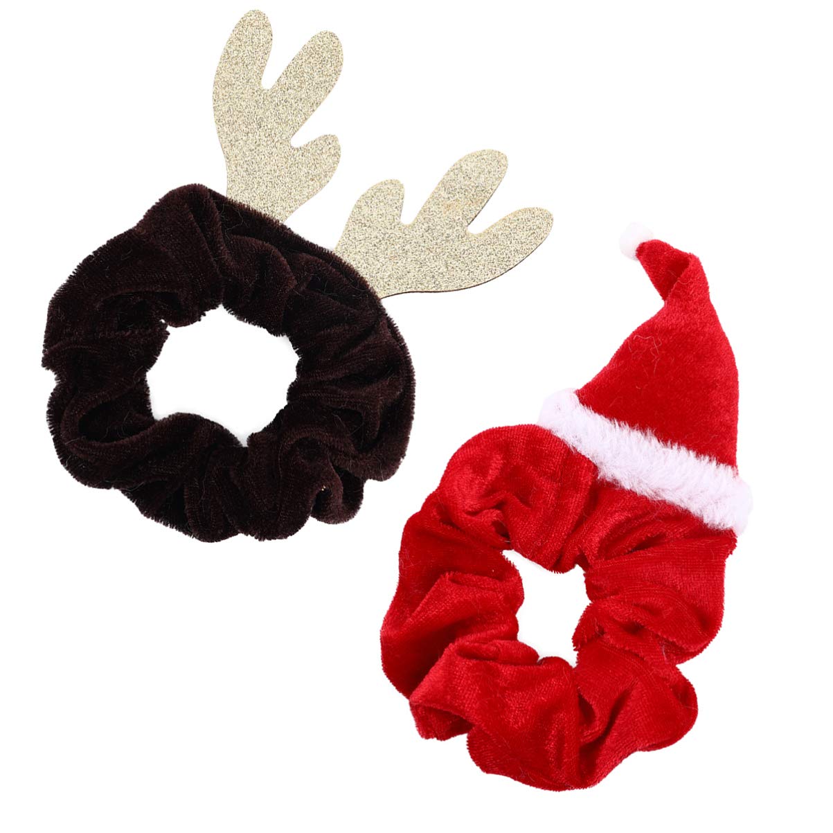 2Pcs Christmas Hair Scrunchies - Soft Santa Hat & Reindeer Hair Ties for Girls, Women & Babies - Festive Holiday Ponytail Holders (Perfect for Xmas Parties, Family Photos & Gift Giving)