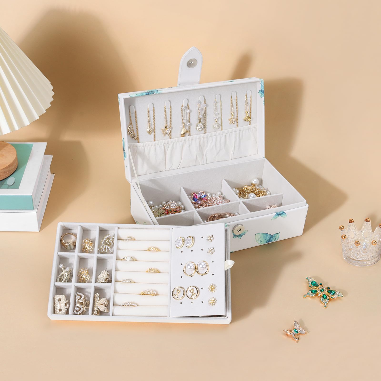 DesignSter 2-Layer Large Jewelry Organizer Box - Premium Jewelry Storage for Necklaces, Earrings, Rings, Bracelets & Watches | Butterfly Design | Perfect for Bedroom Vanity, Travel & Gift Giving