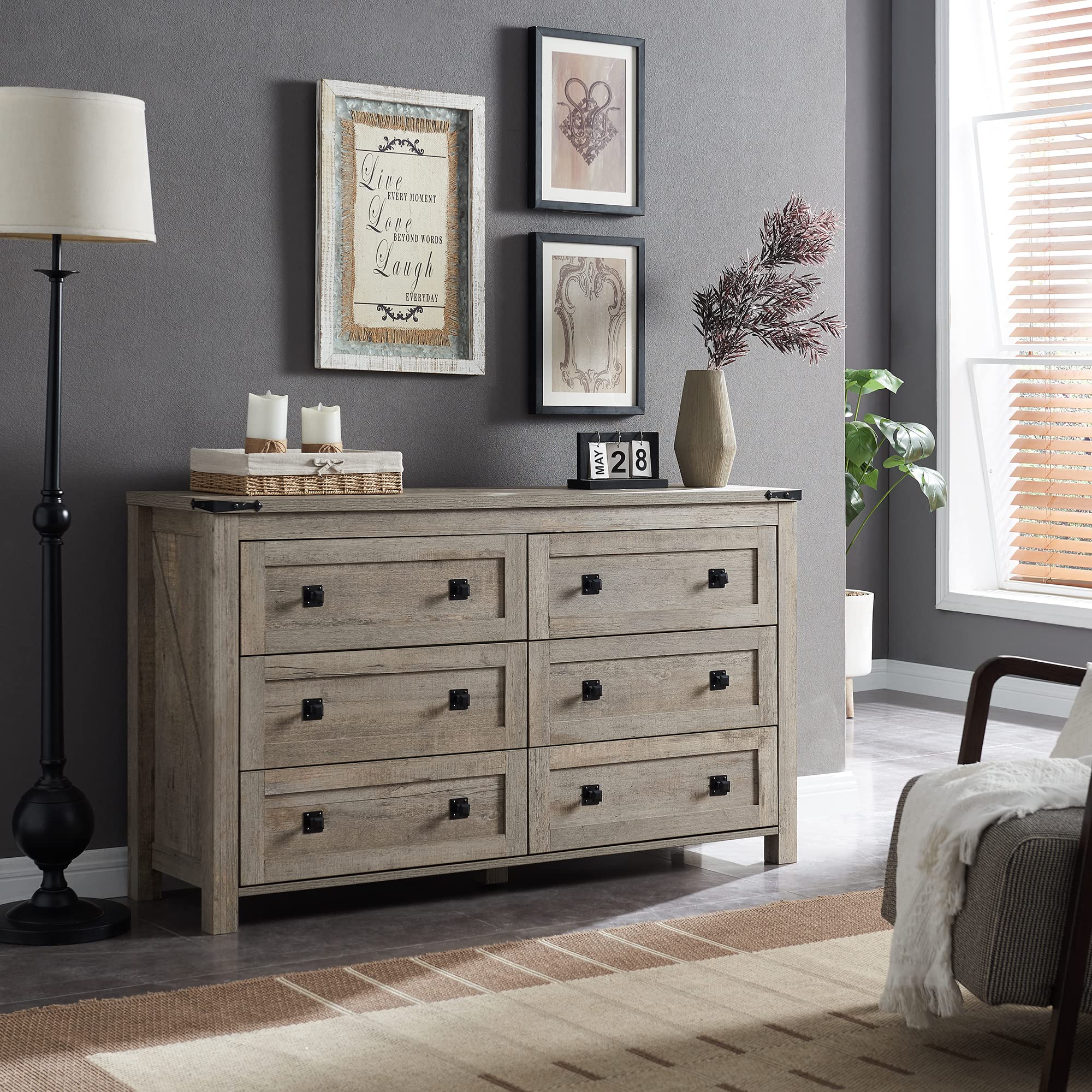 Farmhouse 6-Drawer Wood Dresser - Rustic Oak Storage Chest for Bedroom, Living Room & Hallway | Wide Drawer Organizer for Clothes, Linens & Home Decor