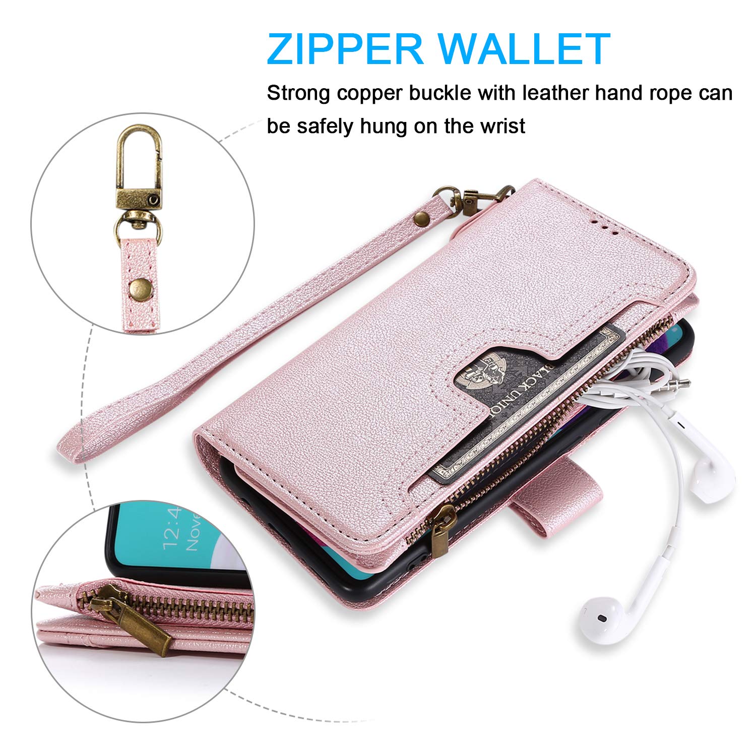 Premium Leather Wallet Case for Samsung Galaxy A41 - Card Holder, Kickstand, Wrist Strap & Magnetic Closure | Large Capacity Zipper Purse | Perfect for Work, Travel & Everyday Use (Rose Gold)