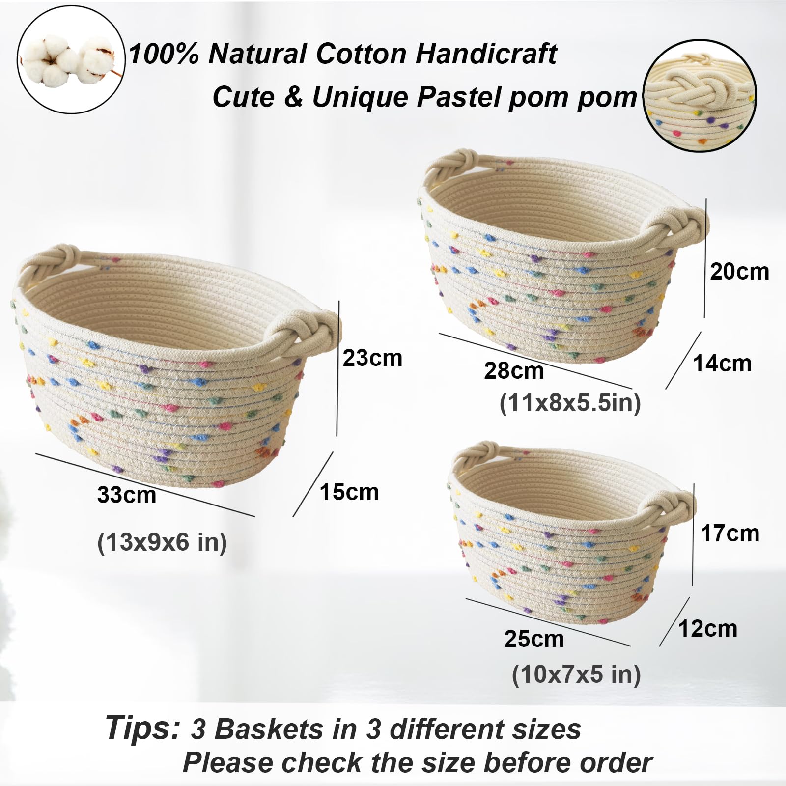 Esme L&H Small Woven Rope Storage Baskets - Set of 3 Decorative Organizer Bins for Baby Nursery, Toys, Shelves & Closet - Rainbow Home Organization Solution for Bedroom, Bathroom & Office Storage Needs