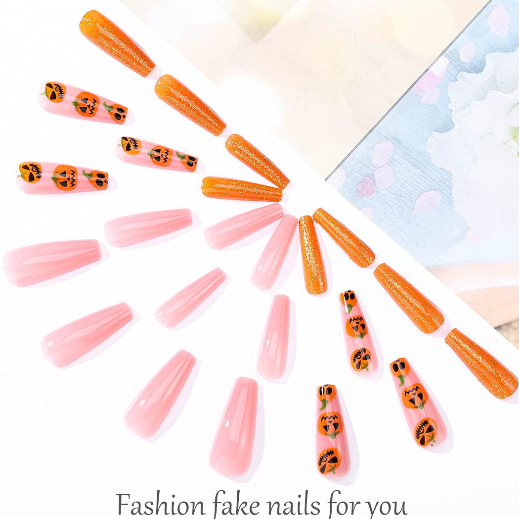 Halloween Orange Pumpkin Coffin Press-On Nails - Extra Long Acrylic Fake Nails with Spooky Designs, 24Pcs Full Cover Stick-On Nails for Women & Girls - Perfect for Halloween Parties, Costumes, and Festive Nail Art