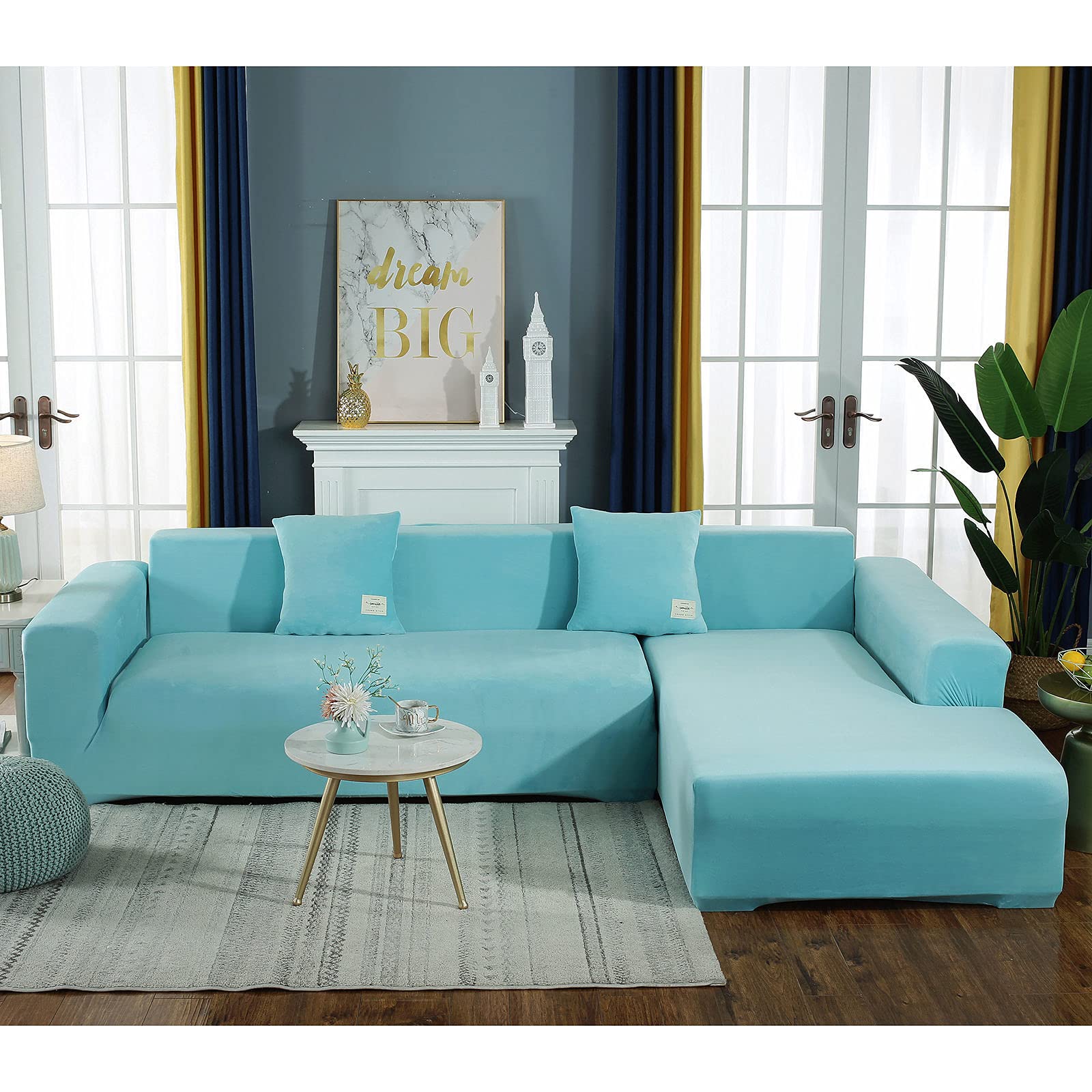 Velvet Stretch L-Shaped Sectional Sofa Cover - 2-Piece Set (2 Seater + 3 Seater) Non-Slip Elastic Couch Cover for Living Room - Blue - Medium + Large Size - Perfect for Home Decor & Pet Protection
