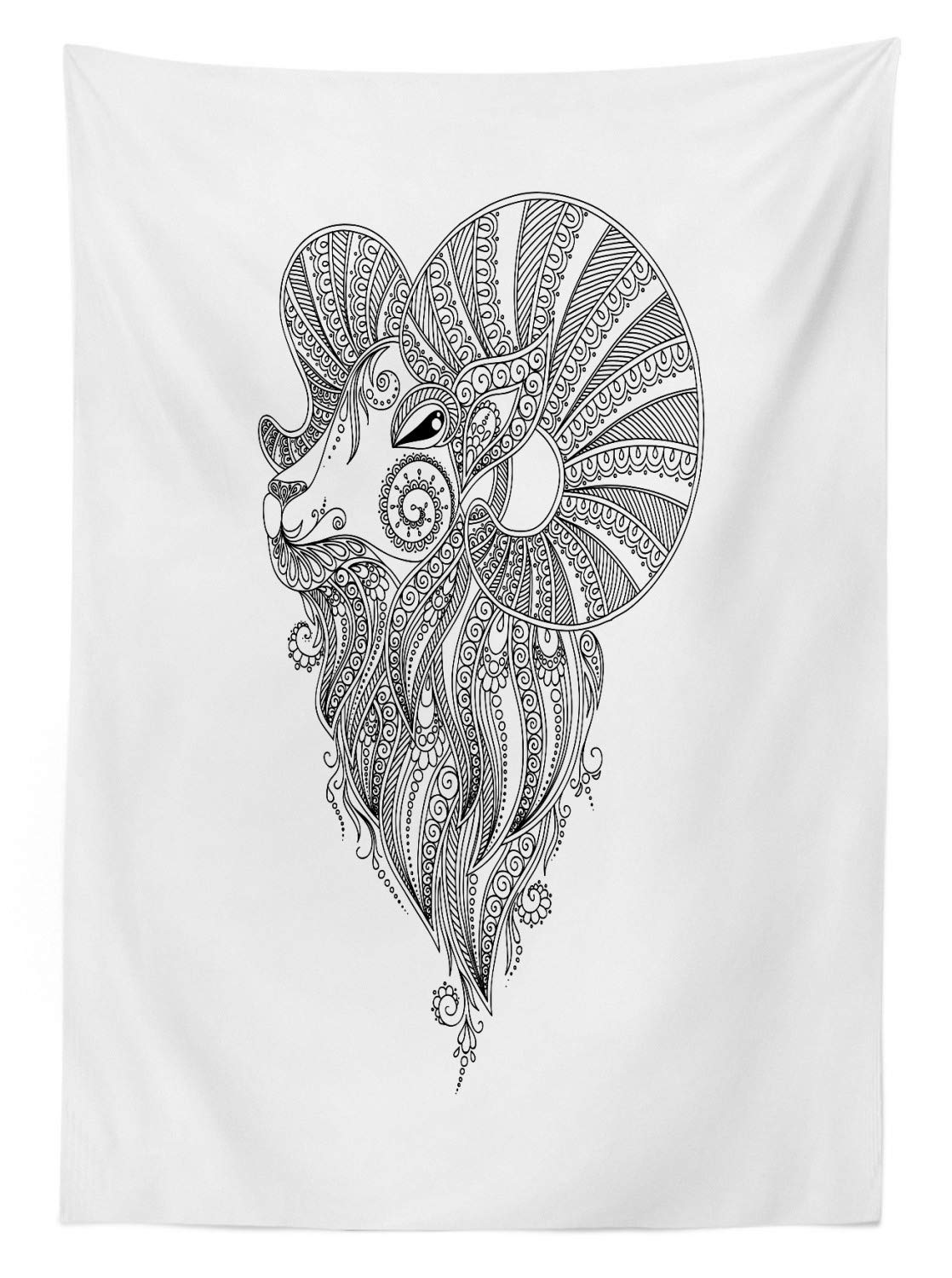 Ambesonne Zodiac Aries Outdoor Tablecloth - Tattoo Style Zentangle Ram's Head Doodle Design, Washable Picnic Table Cover 58x84 Inches, Black & White - Perfect for Outdoor Dining, BBQs, and Garden Parties