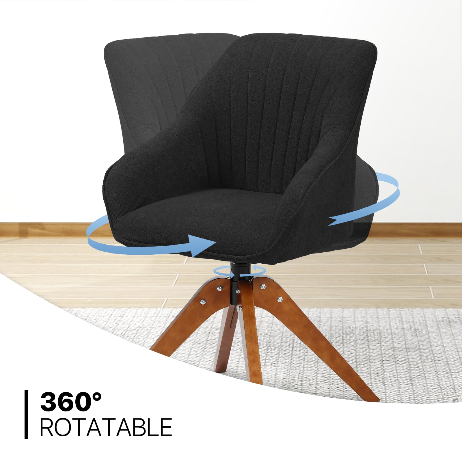 MoNiBloom 360° Swivel Accent Chair - Modern Velvet Upholstered Armchair with Wooden Legs for Office, Living Room & Bedroom - Black | Perfect for Home Office, Reading Nook & Lounge Areas