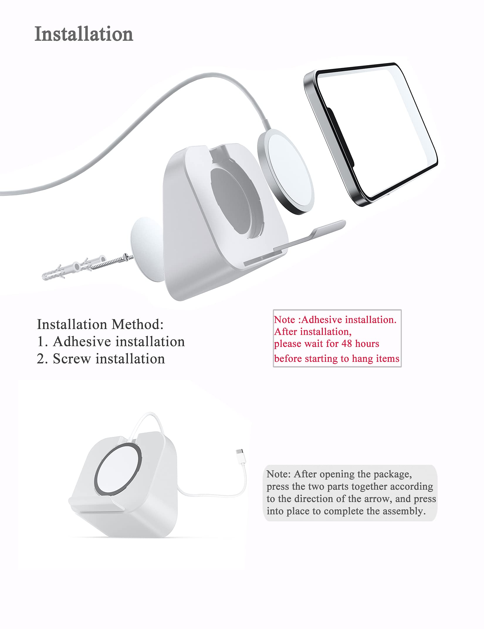 Magnetic Phone Wall Mount for Magsafe Charger - Bedside Phone Holder Compatible with iPhone 12/12 Pro/13 Pro Max - Secure Mounting for Nightstand, Kitchen, Office (White, Charger Not Included)