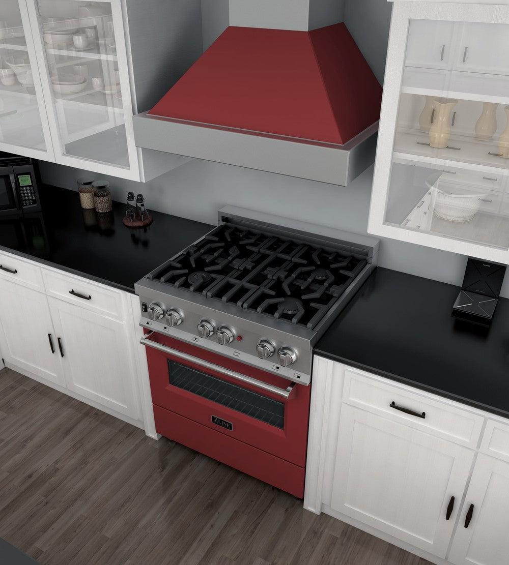ZLINE 30 Inch 4.0 cu ft Dual Fuel Range with 4 Burner Gas Cooktop & Electric Convection Oven - Satin Stainless Steel with Red Matte Door (RAS RM 30) | Professional Kitchen Appliance for Home Chefs & Cooking Enthusiasts | Perfect for Baking, Roasting & Family Meals