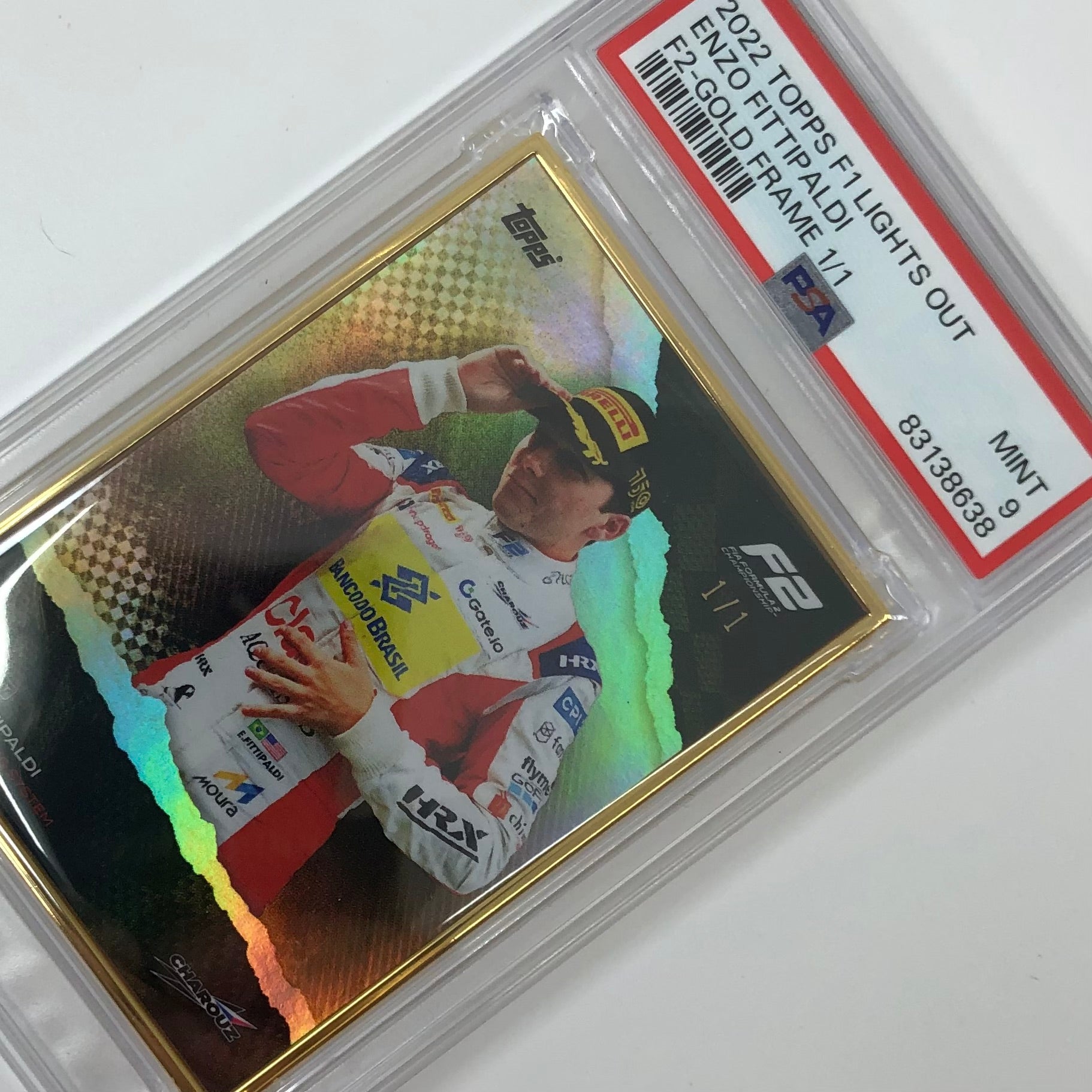Enzo Fittipaldi 2022 Lights Out F2 Driver 1/1 Gold Frame PSA 9 Graded Trading Card - Perfect for Motorsport Collectors and Racing Memorabilia Displays
