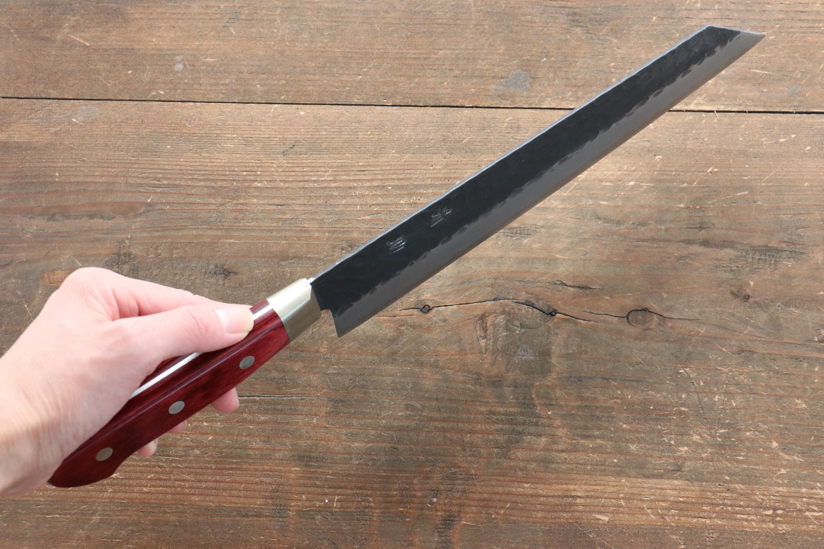 Seisuke Kurobeni Blue Super Hammered Kurouchi Kiritsuke Gyuto Japanese Chef Knife 240mm - Red Pakka Wood Handle - Professional Kitchen Knife for Sushi, Meat Cutting & Precision Cooking