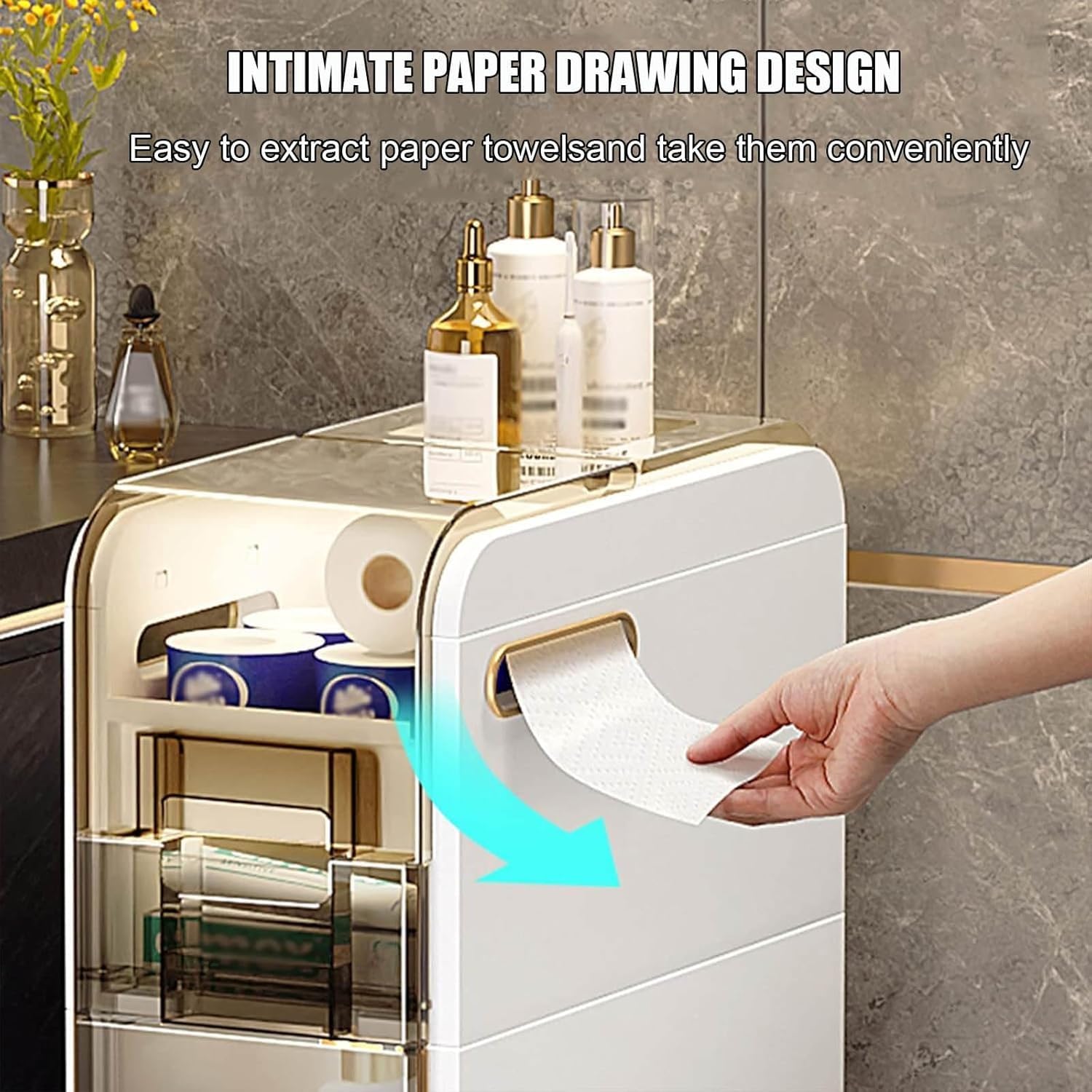 Waterproof Slim Storage Cabinet with Clear Drawers - 3 Tier Narrow Tall Storage Tower Organizer for Bathroom, Kitchen & Small Spaces - Free Standing Toilet Paper Holder & Home Organization Solution